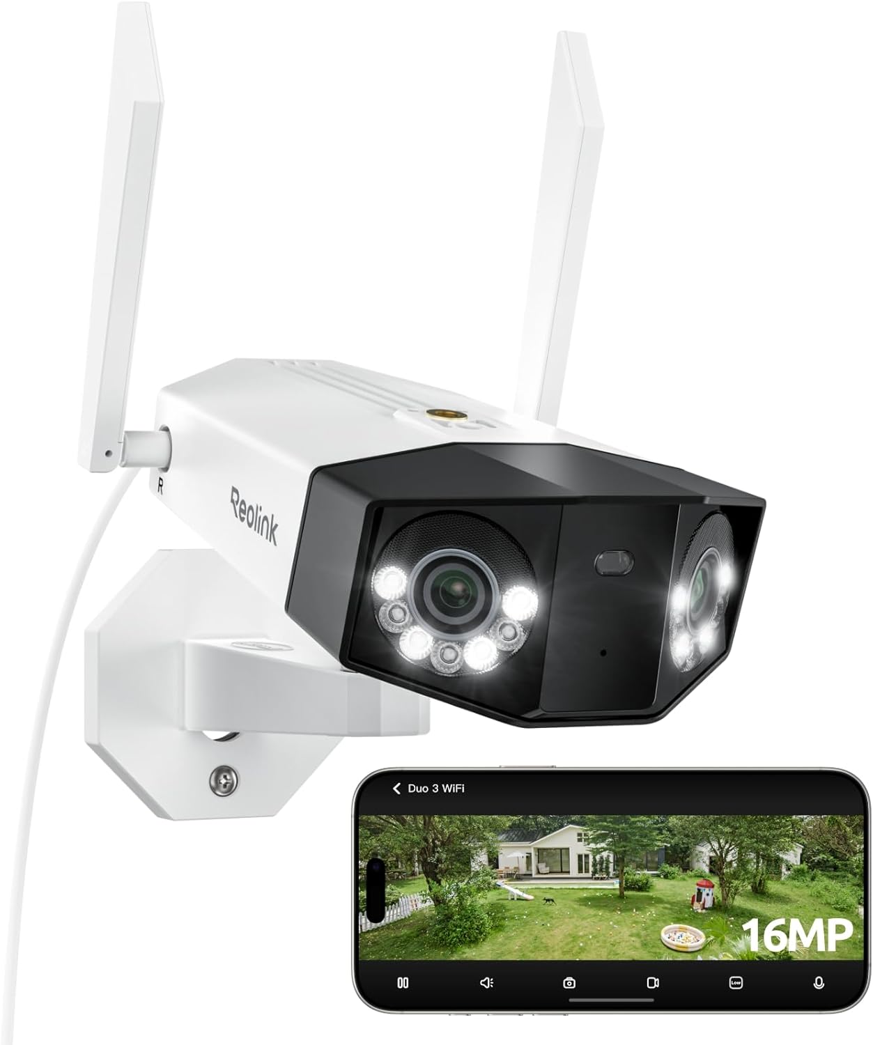 Reolink 16MP Telecamera WiFi Esterno 180°, WiFi 6 Dual-Band 2,4/5GHz, Rilevamento Persona/Veicolo/Animali/Movimento, Visione Notturna con Faretti, Registrazione 24/7, Archiviazione Locale, Duo 3 WiFi