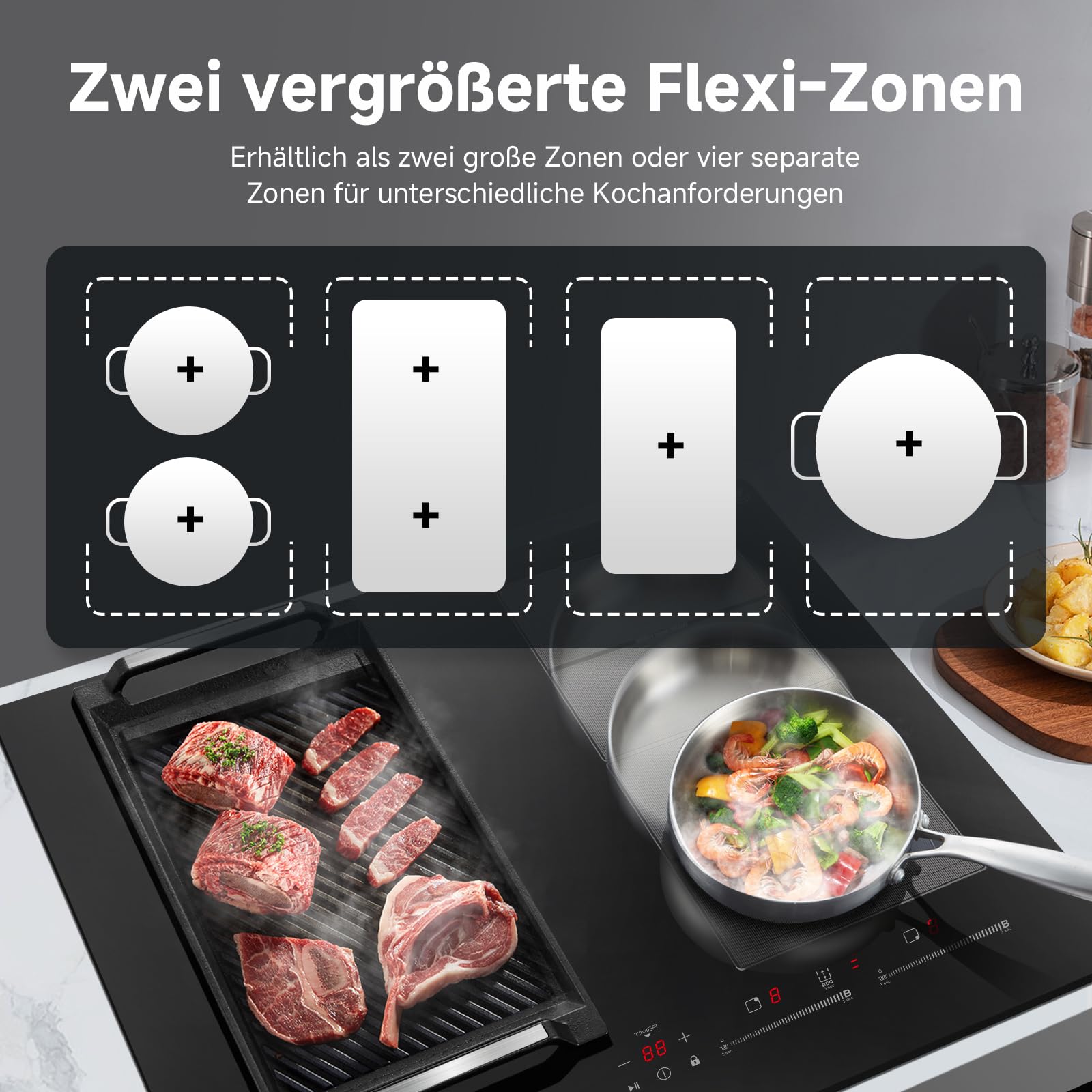 Induktionskochfeld 60 cm mit 2 Flexzonen und Booster, 4 Kochfelder, Glaskeramik, schwarz