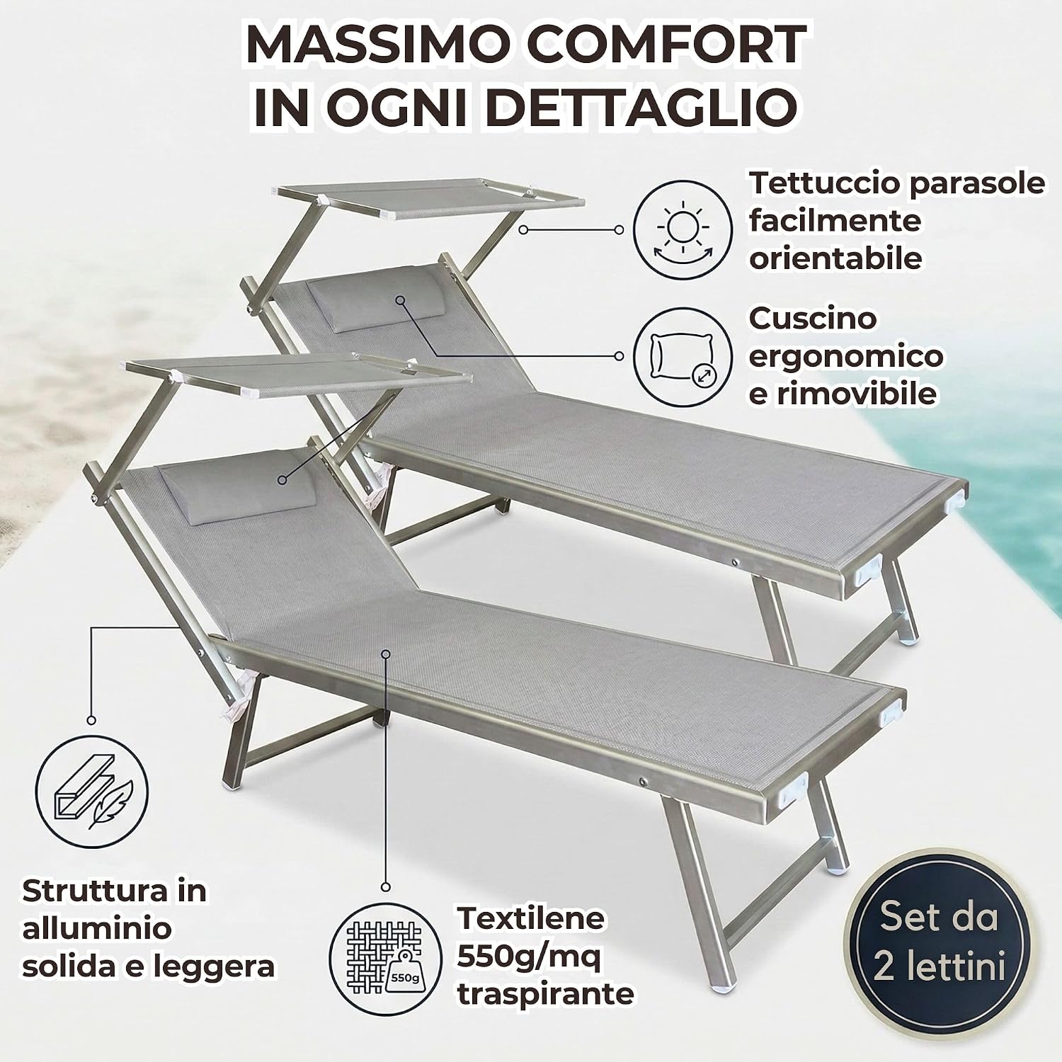 ZIK - 2 Lettini da Spiaggia Professionali, Sdraio da Spiaggia Pieghevole, Leggera, in Alluminio, Schienale Regolabile (181x60x38cm) Lettino Prendisole da Giardino, Mare, Piscina, Balcone (2x Bianco)