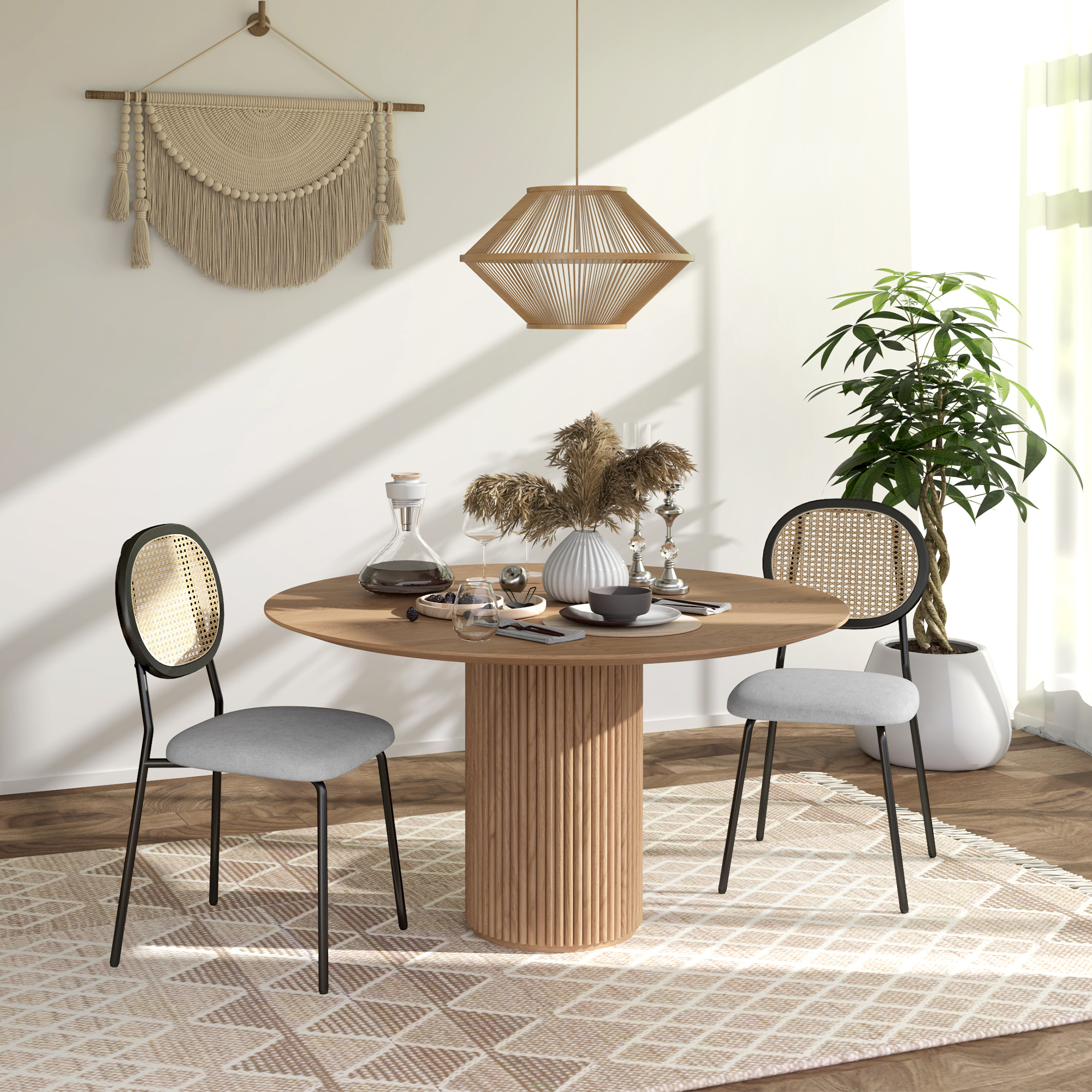 HOMCOM Set mit 2 Dining-Stühlen, Küchenstühle, Rattanrücken, atmungsaktiver Stoff, Stahlrahmen, 44 x 54 x 87 cm, Grau