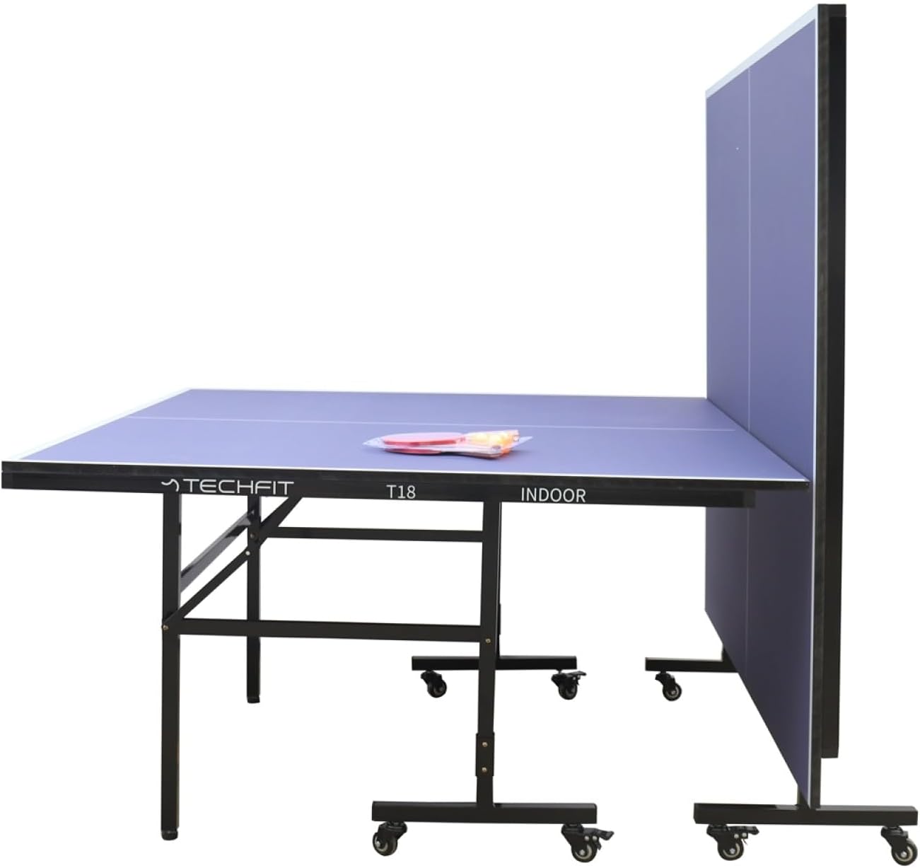TechFit Tavolo da Ping Pong Professionale per Interni - Pieghevole da Interno con Inclinazione Unilaterale, Struttura Metallica Nera, Rete da 180 cm, Roti Silconate con Freni, 274x152,5x76 cm