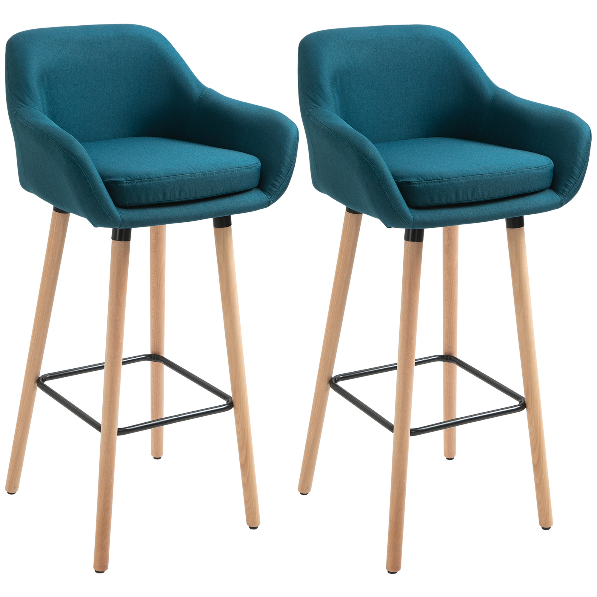 HOMCOM Skandinavische Designer Barhocker - Set mit 2 Barhockern Grand Confort mit Fußstützen und Armlehnen - Massivholz Leinen blau
