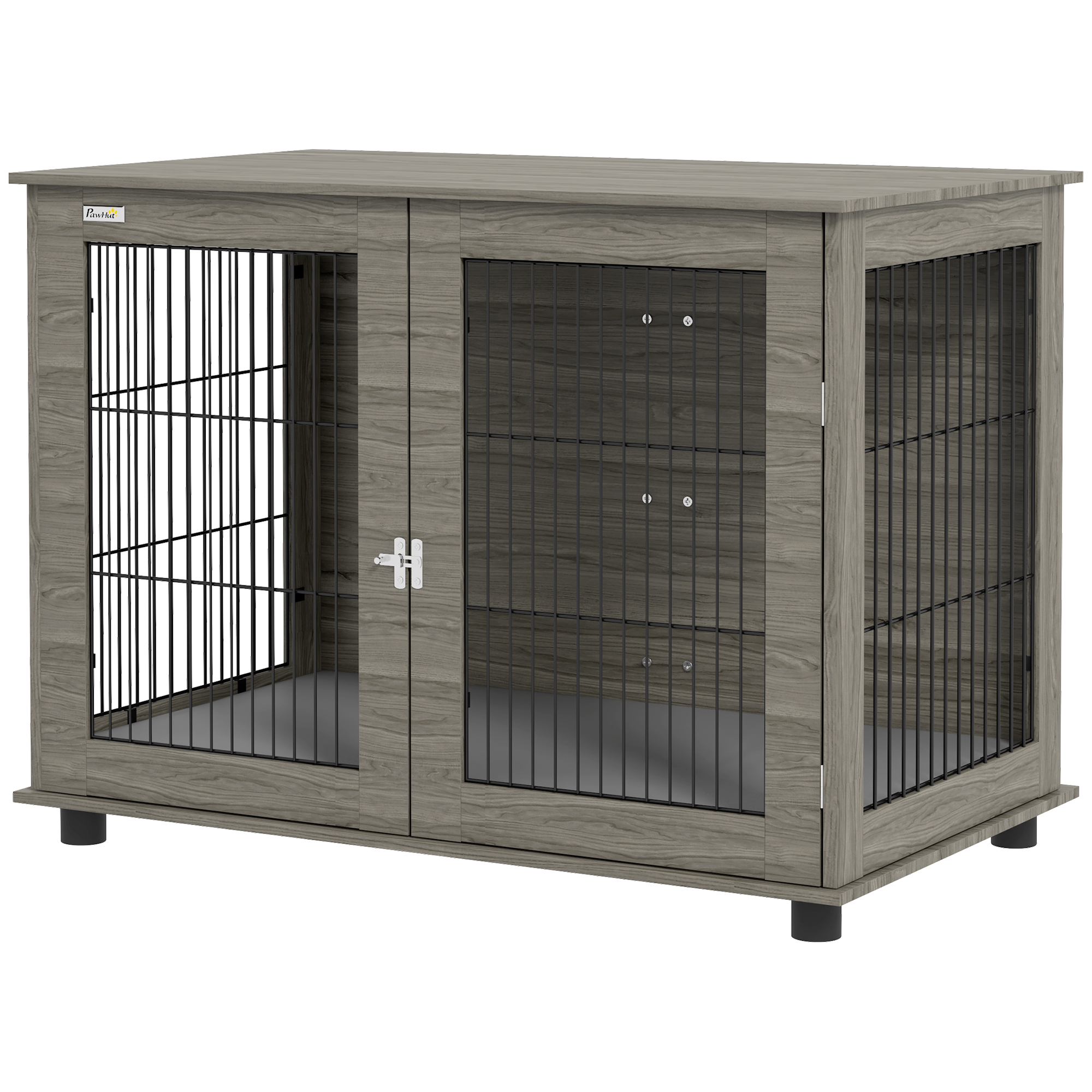 PawHut Hundekäfig 2-in-1 Beistelltisch mit abnehmbarem Plüschkissen, verriegelbarer Tür 100 x 60 x 73,5 cm in Grau