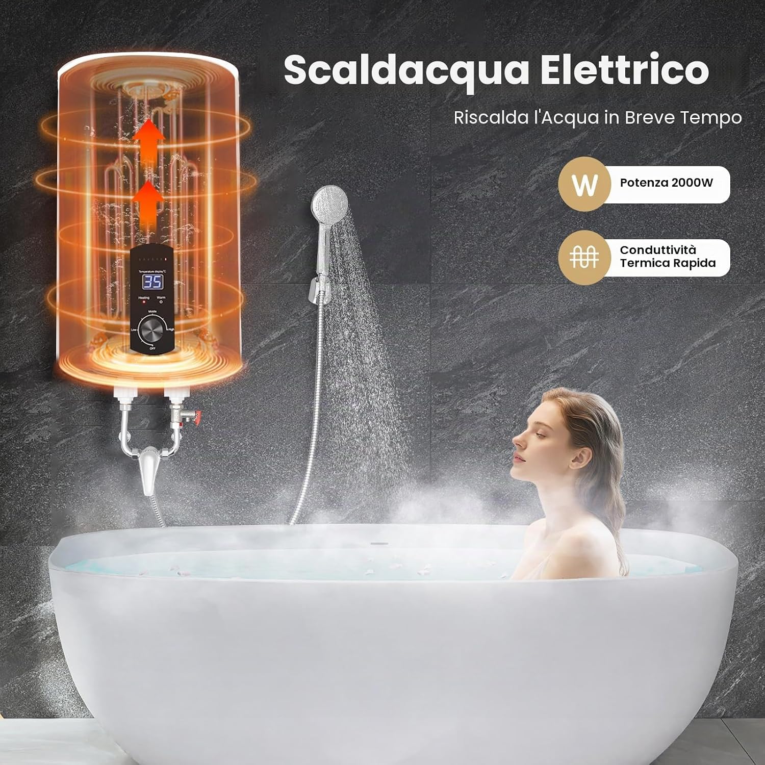 Scaldabagno elettrico verticale da 50 l, 2000 W, Boiler Elettrico, Scaldacqua Elettrico, Scalda Acqua Istantanea, regolabile da 220 V, per cucina e bagno