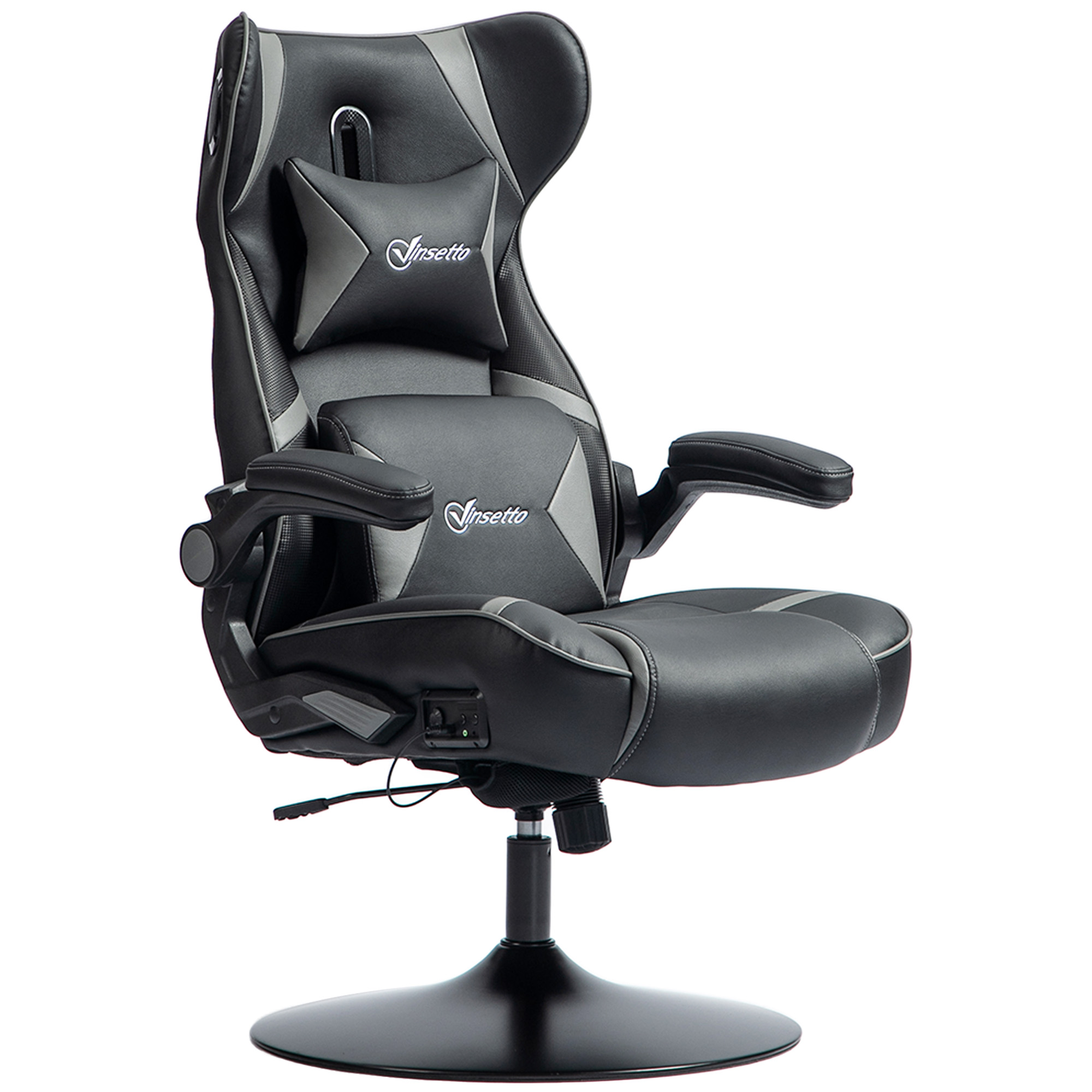 Vinsetto Gaming Stuhl mit Schaukelfunktion und Lautsprecher, Lenden- und Nackenstütze, für Spielzimmer, Kunstleder, Grau+Schwarz