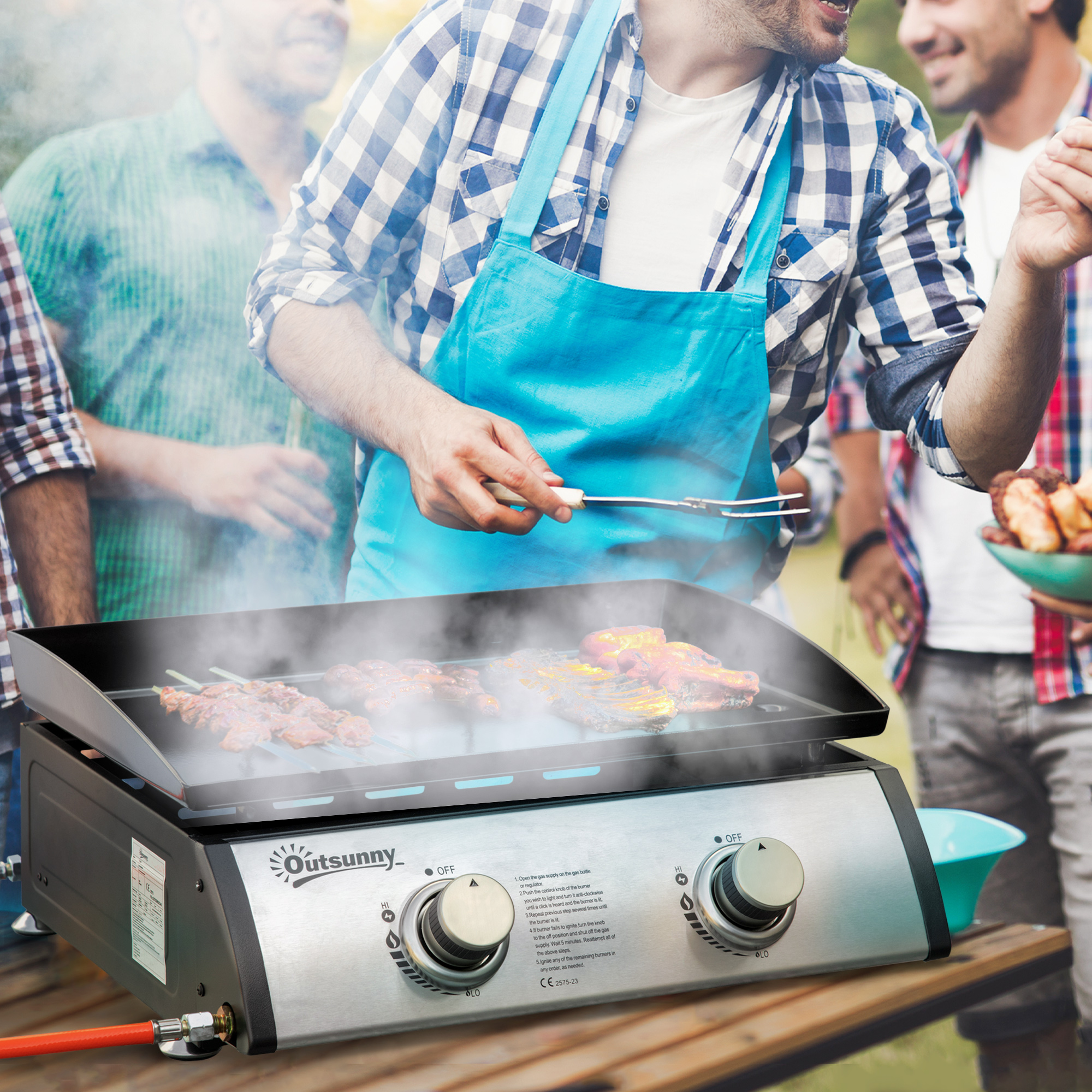 Outsunny Gasgrill mit 2 Brennern, Schlauch, Antihaft-Grillplatte, Edelstahl, Farbe: Silber, 48,5 x 48 x 21 cm