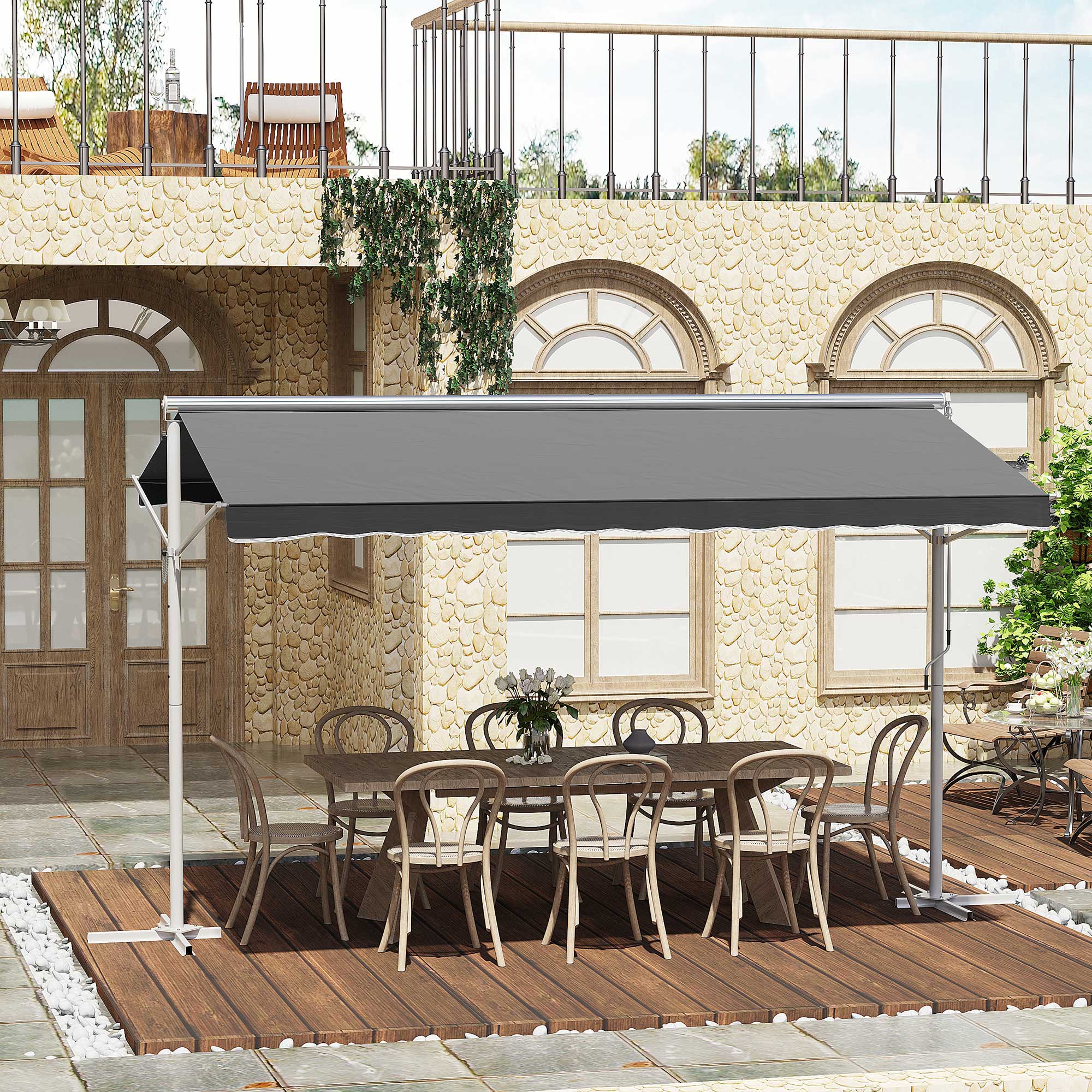 Outsunny Staande luifel met knikarm tuinluifel luifel zwengel grijs 3,95 x 2,94 m