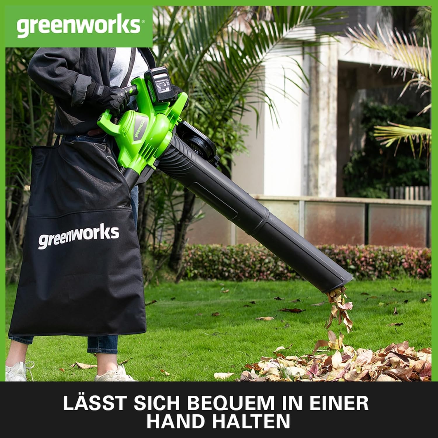Greenworks 48V(2x24V) Akku Laubsauger / Laubblser mit Schultergurt, bürstenloser Motor, 322 km/h, 9 m/min, 45L Fangsack, zwei 4Ah Batterien & Ladegert, 3 Jahre Garantie GD24X2BVK4X