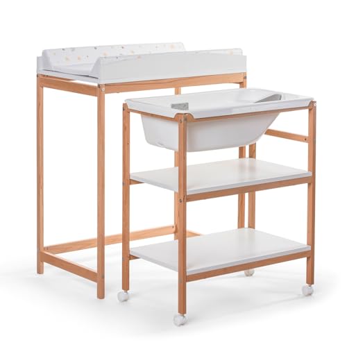 OKBABY Woody   Fasciatoio in Legno con Vaschetta Ergonomica e Ruote, Completo di Materassino Soffice per il Cambio del Neonato   0 12 Mesi (11kg)   Bianco : Amazon.it: Prima infanzia