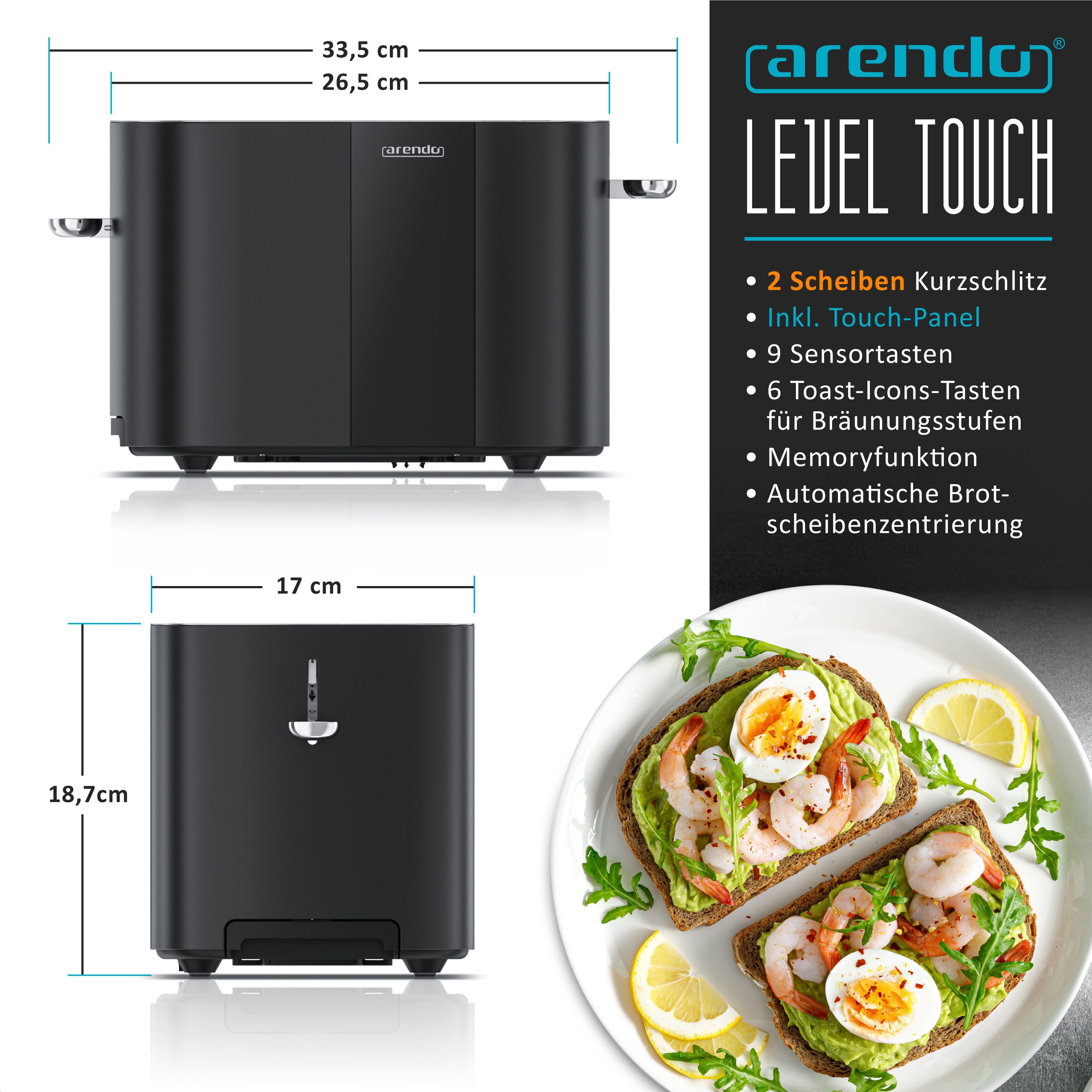 Toaster Edelstahl, Kurzschlitz, Touch Display, Restzeit & Bräunungsgradanzeige