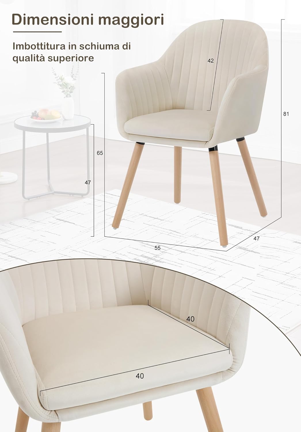 WOLTU Set di 6 Sedie per Sala da Pranzo con Schienale Braccioli Poltrona Imbottita Gambe in Legno Seduta in Tessuto Velluto Crema BH95cm-6
