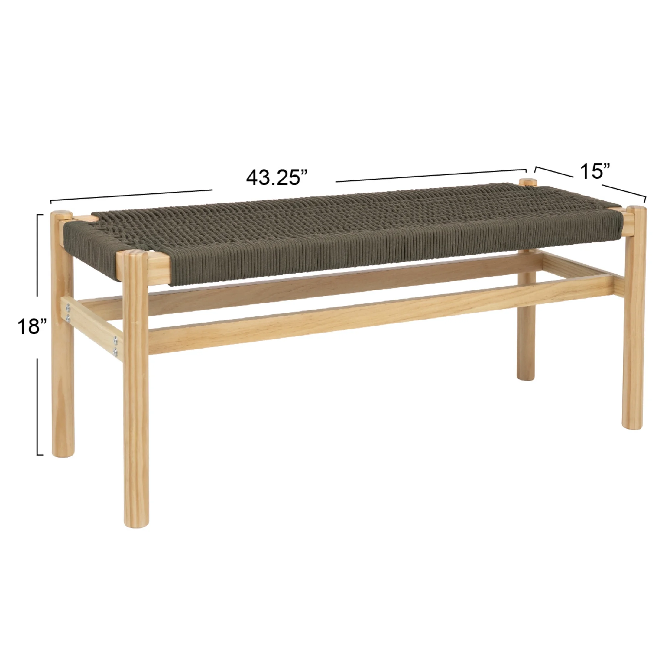 Main + Mesa Fernway Solid Wood and Woven Rope Entryway Bench, Moss Green