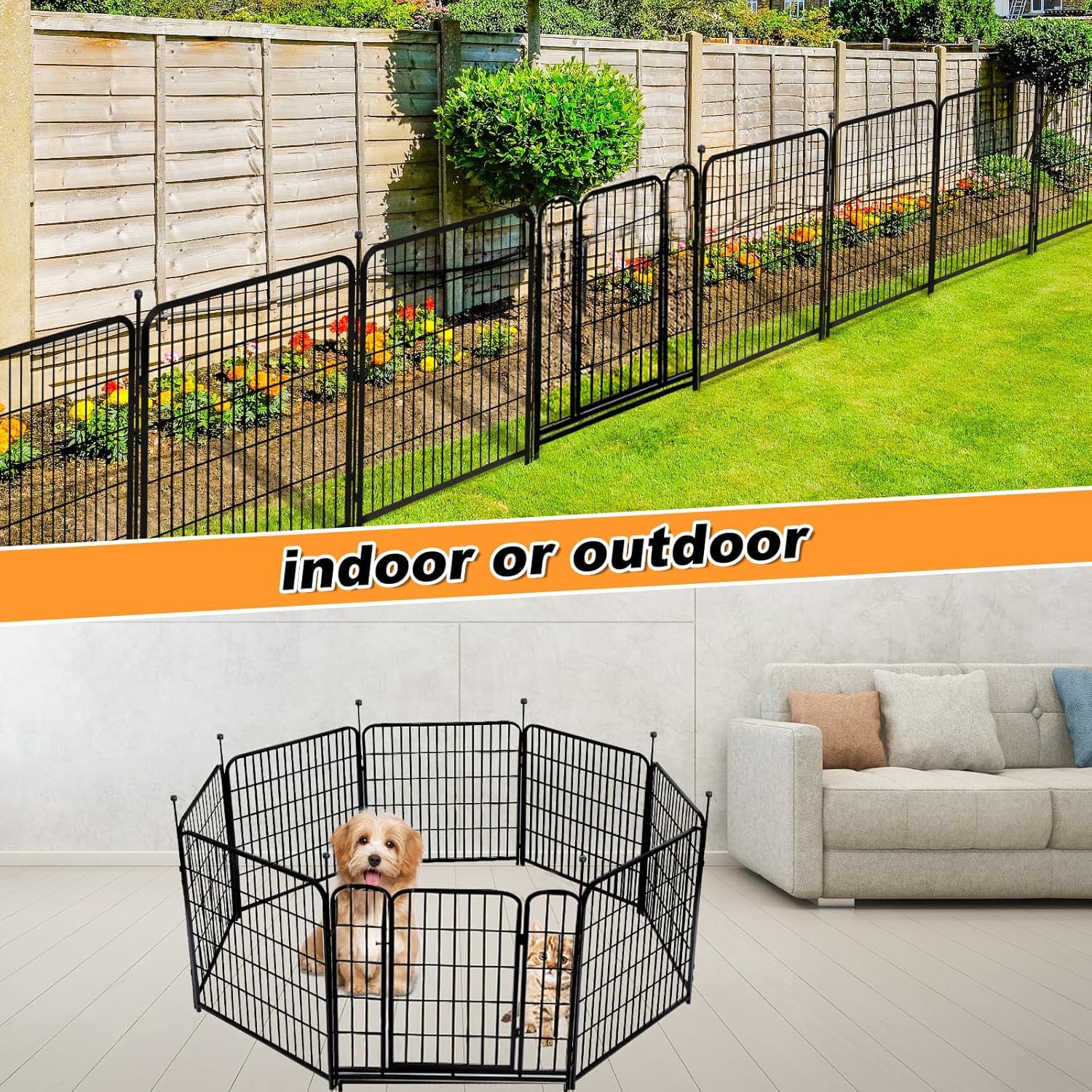 Tall Garden Fence with Gate 48 in(H)×27 in(L) 12 Panels Total 26.6 Ft(L)  Garden Fencing to Keep Dogs Out  Heavy Duty Iron Metal Animal Barrier Fence  Flower Bed Fencing