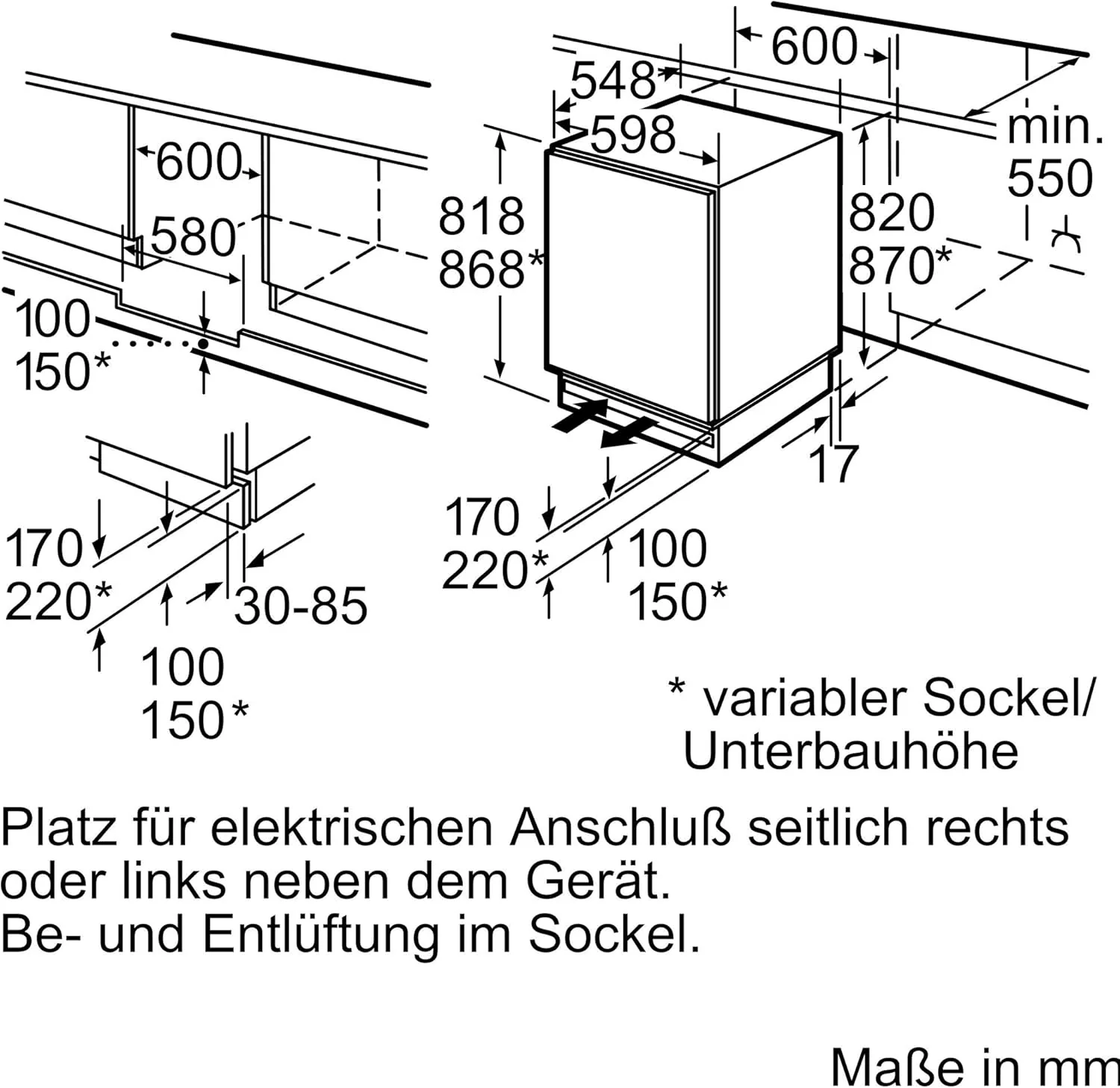 Bosch KUL15AFF0 Serie 6 onderbouwkoelkast, 82 x 60 cm nismaat, 123 L, vlakke scharnieren, Made in Germany, LED-verlichting gelijkmatige verlichting, MultiBox bewaren van groenten en fruit