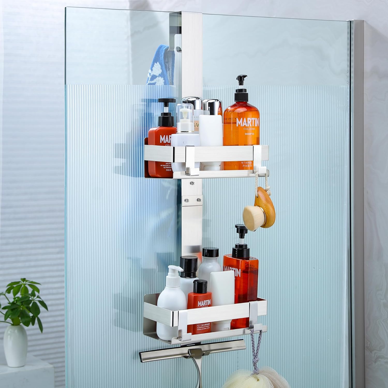 Cooeco Shower Shelf – Storage Rack in SUS 304 Stainless Steel for Hanging on Shower Doors, Shampoo Holder with Hook, with Thickness within 1.2 cm of Glass