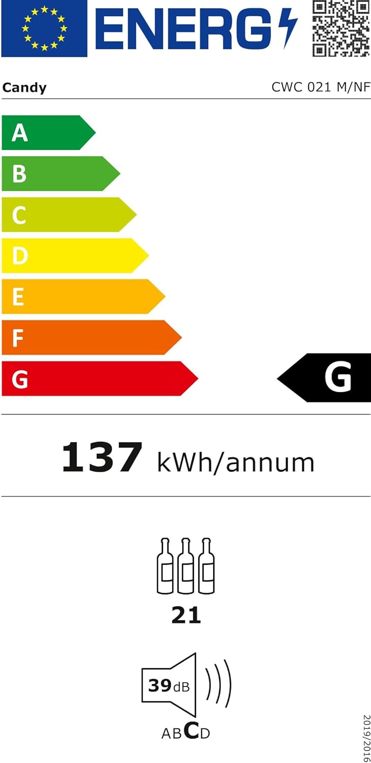 Candy DiVino CWC 021 M/NF Cantinetta Vino, 21 Bottiglie, App hOn con Tecnologia Vivino, Ripiani cromati, 39 dB, Classe G, 40x55x70 cm, Nero [Classe di efficienza energetica G]