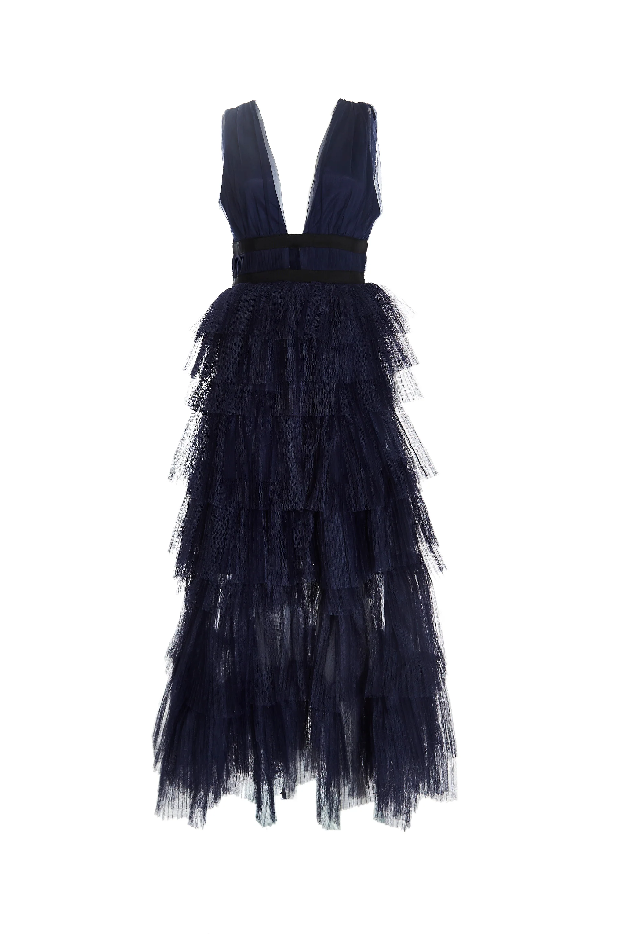 Eliza Navy Plunging Neck Layered Tulle Skirt Maxi-Dress