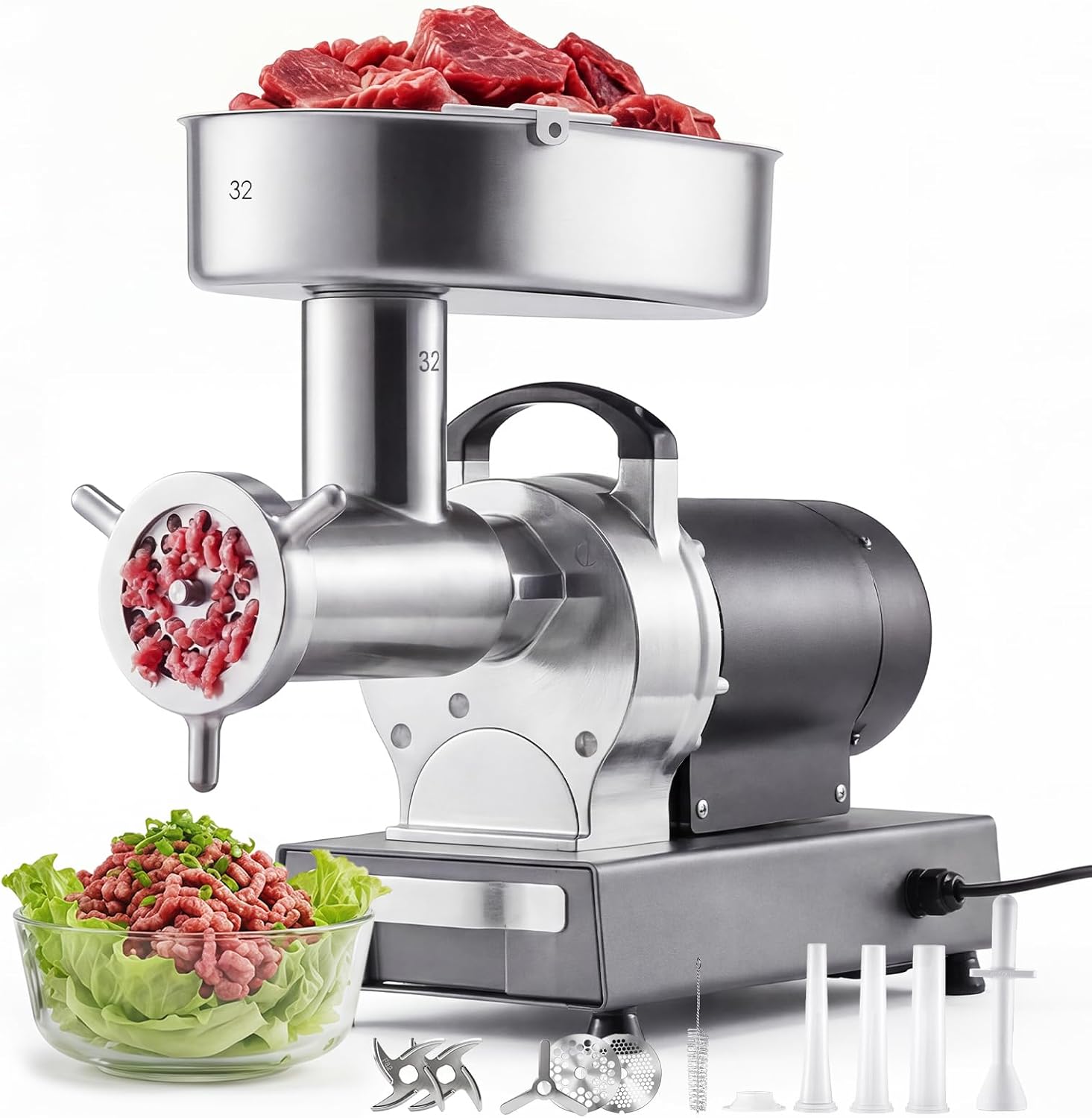 VEVOR Tritacarne Elettrica 1100 W da Cucina, 595 x 280 x 500 mm, Tritacarne Capacità 9,5 kg/min Corpo in Acciaio Inox con 3 Dischi per Salsicce Salami Carne, Cucina Commerciale Ristorante Hotel