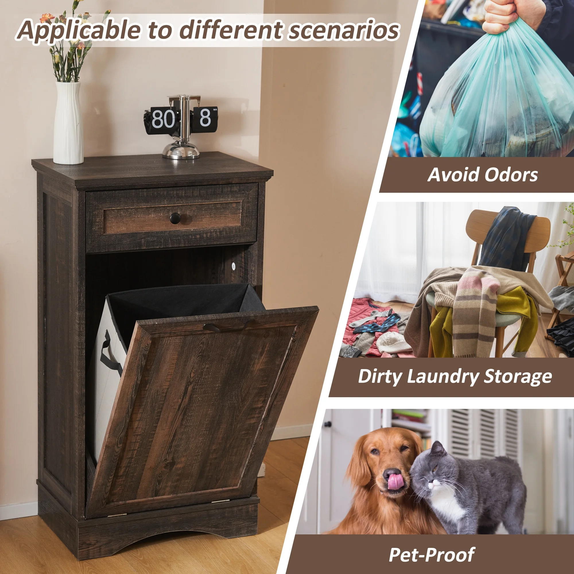 HARIPUL Single Tilt Out Trash Cabinet for 13 Gallon Waste Bin, Free Standing Kitchen Trash Can Cabinet with Drawers, White