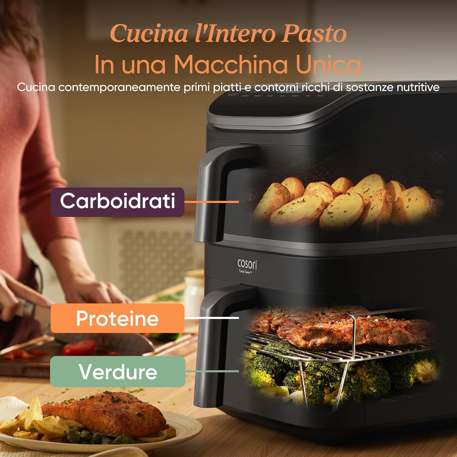 COSORI Turbo Tower Friggitrice ad Aria 10,8L con Cestelli Verticali, Cottura Salvaspazio a 3 Livelli, 2630W, 6 Funzioni, 2 Motori DC, 50+ Ricette Complete Online, CAF-DC111