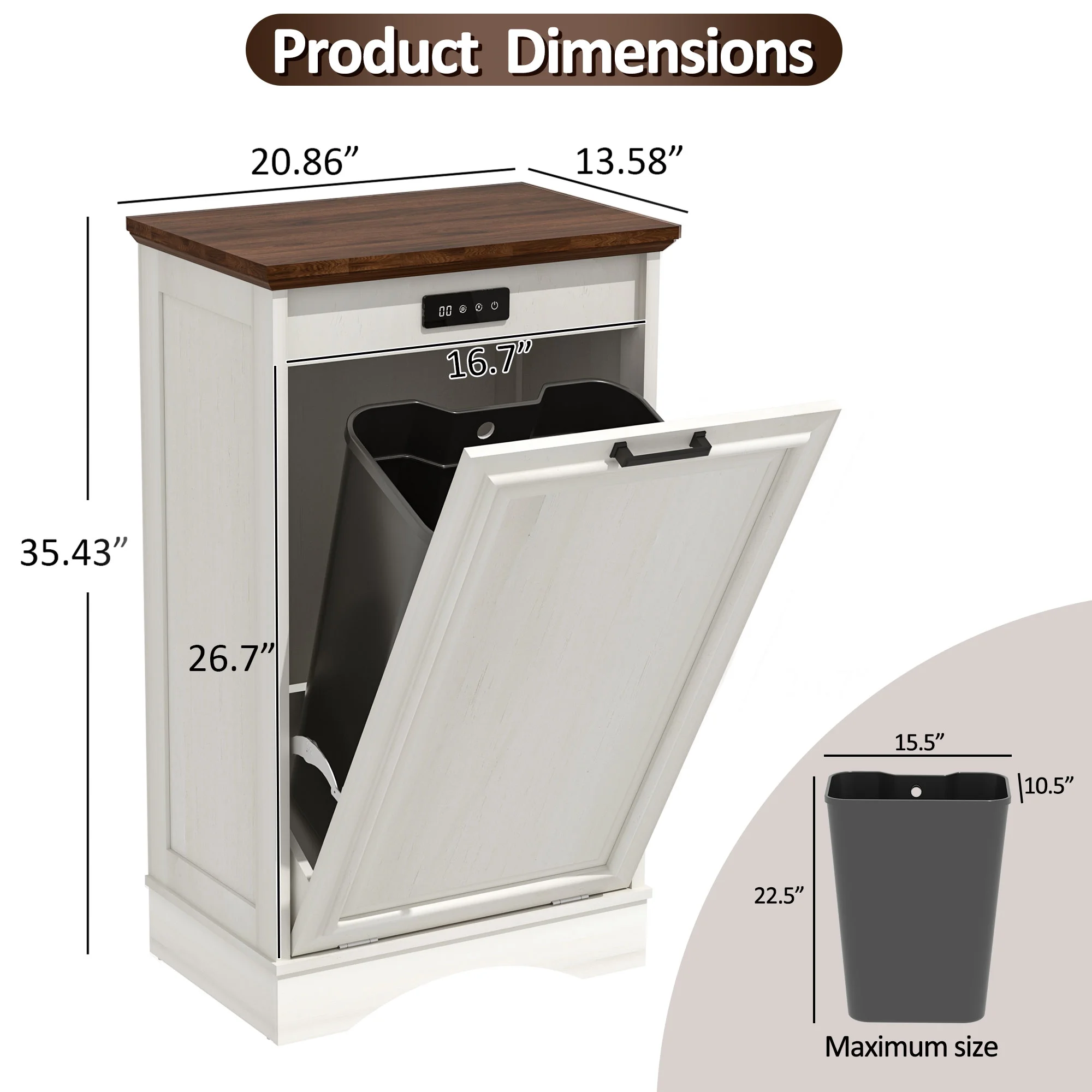 HARIPUL Single Tilt Out Trash Cabinet for 13 Gallon Waste Bin, Free Standing Kitchen Trash Can Cabinet with Drawers, White