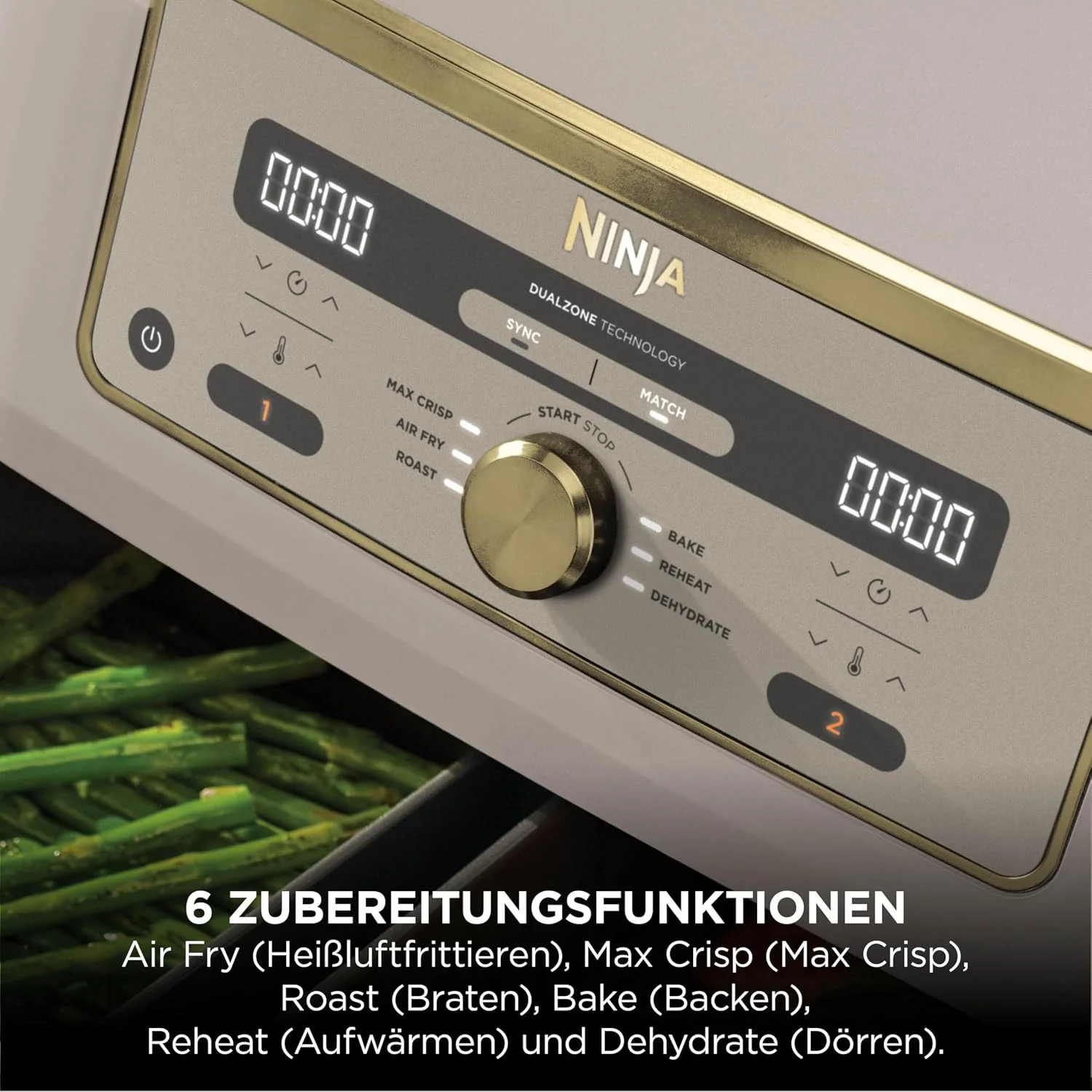 Ninja DZ400EUSGD Foodi Dual Zone Heißluftfritteuse 9,5L – 6 Funktionen, 2470W, Stone Gold