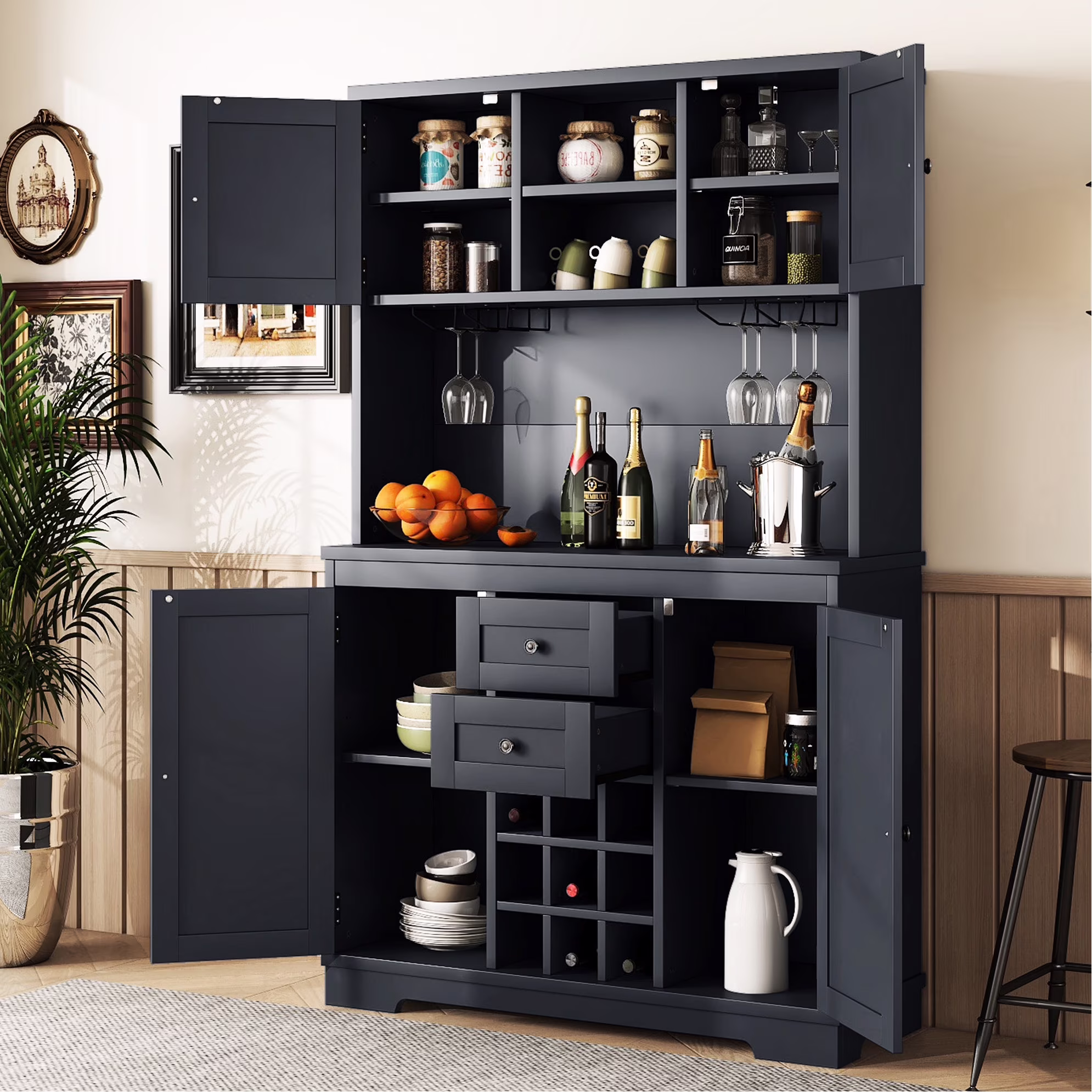 Dark Blue Dining Room Storage Cabinet With Shelves - Coffee Bar Drawers For Kitchen Antique Drawers, Shelves, And Cabinets