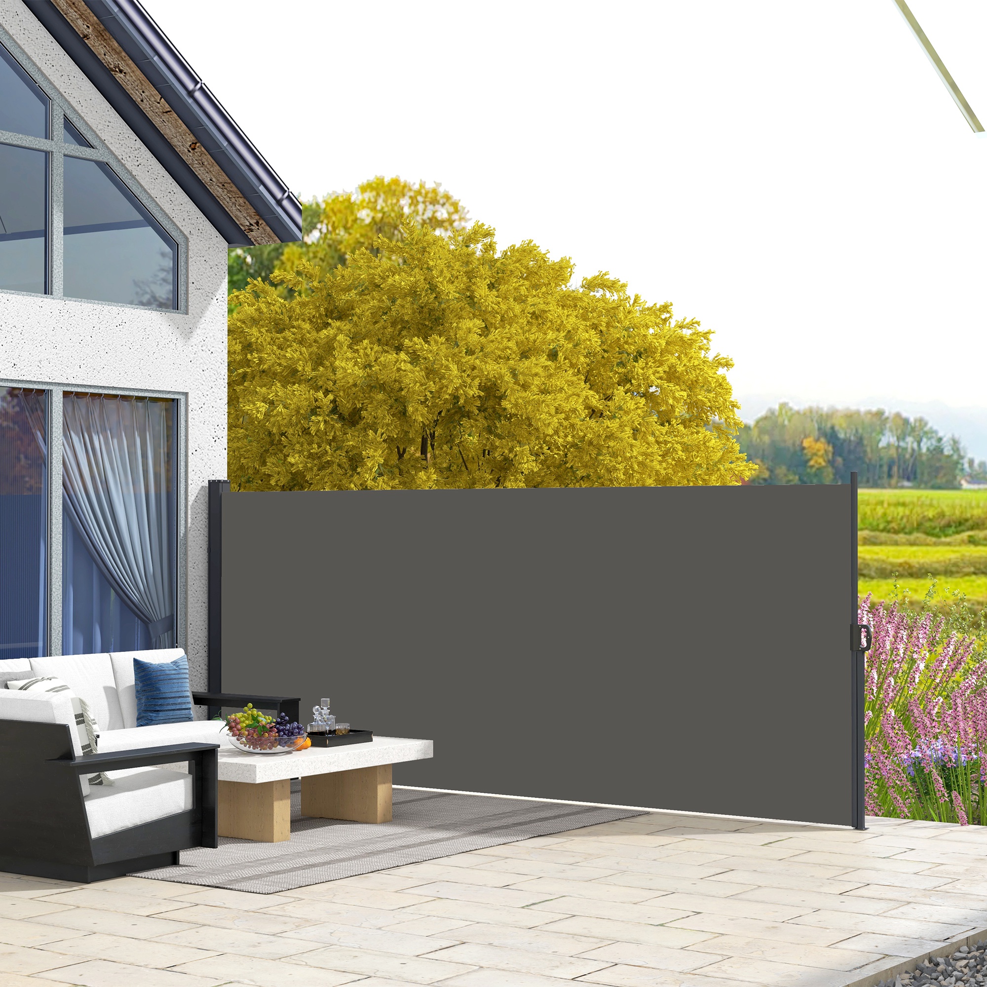 Outsunny Seitenmarkise Windschutz Paravent ausziehbar 4 x 1,80 m Alu. Polyester Anti-UV Hochdichtes 180 g/m² Dunkelgrau