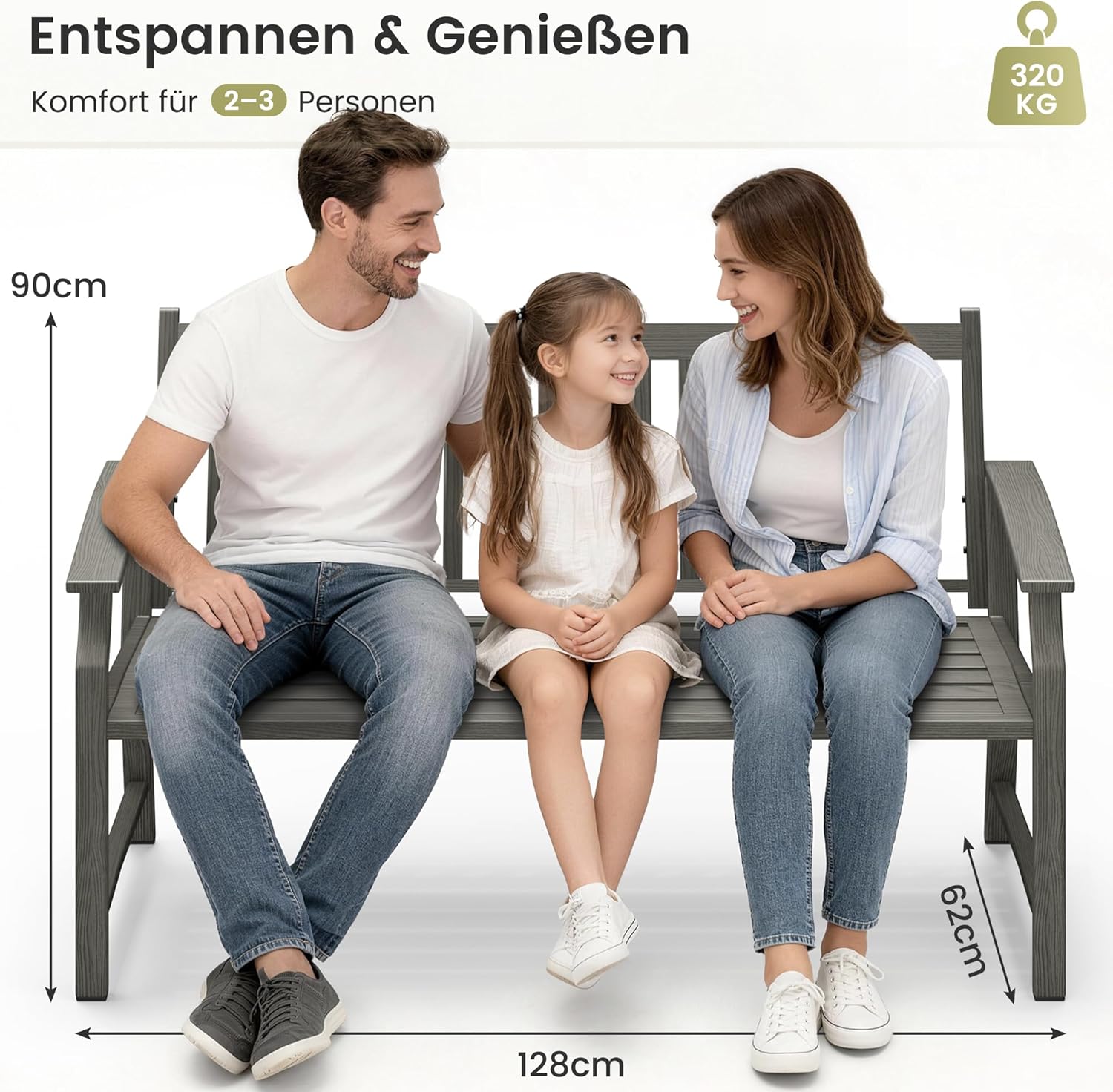 UDPATIO Gartenbank Metall in Holzoptik,Wetterfeste Sitzbank Outdoor, Bank 2–3 Sitzer für Balkon & Garten,Balkonmöbel mit Rücken & Armlehnen,Grau