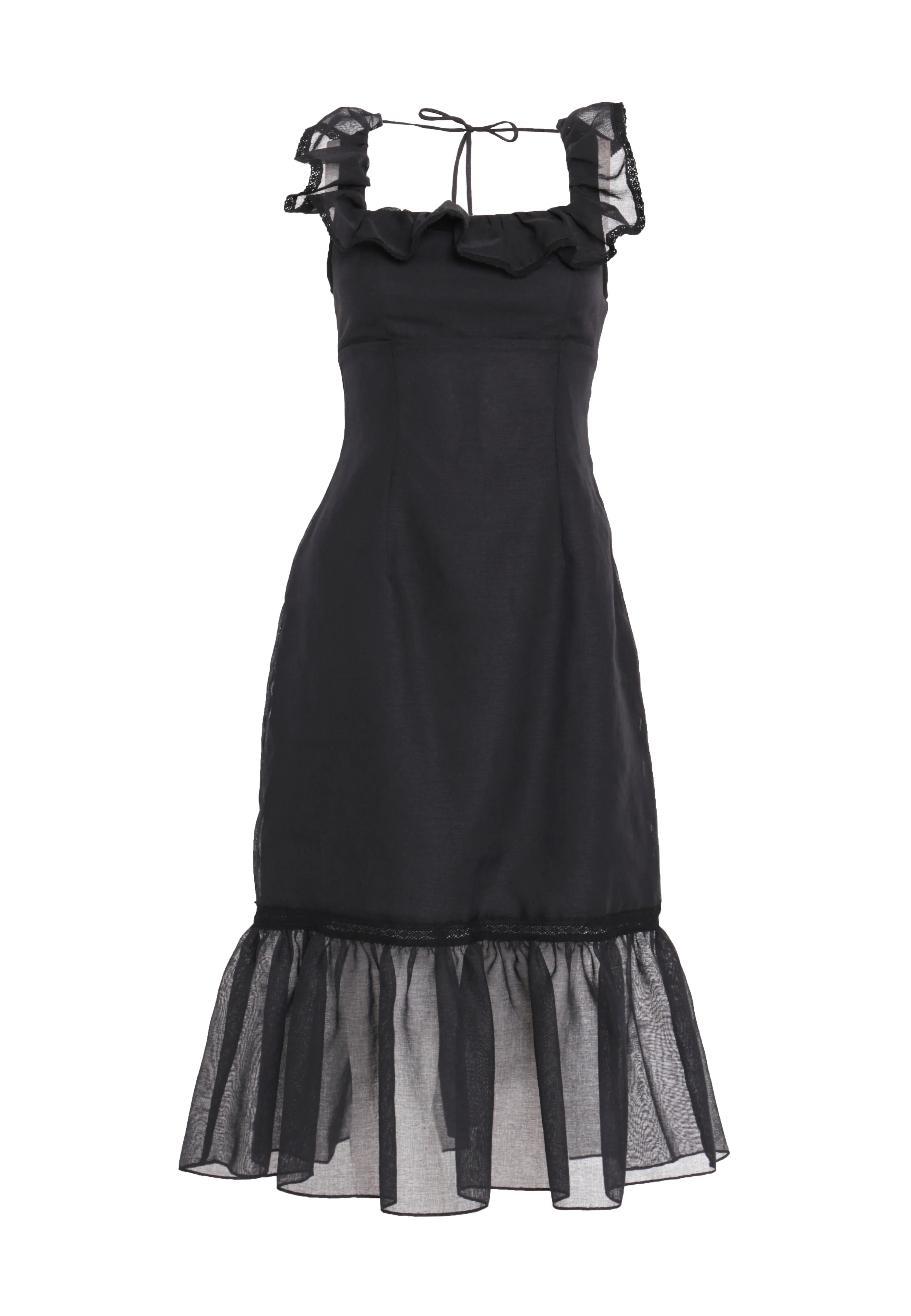Alberta Black Linen Tiered Hem Midi-Dress