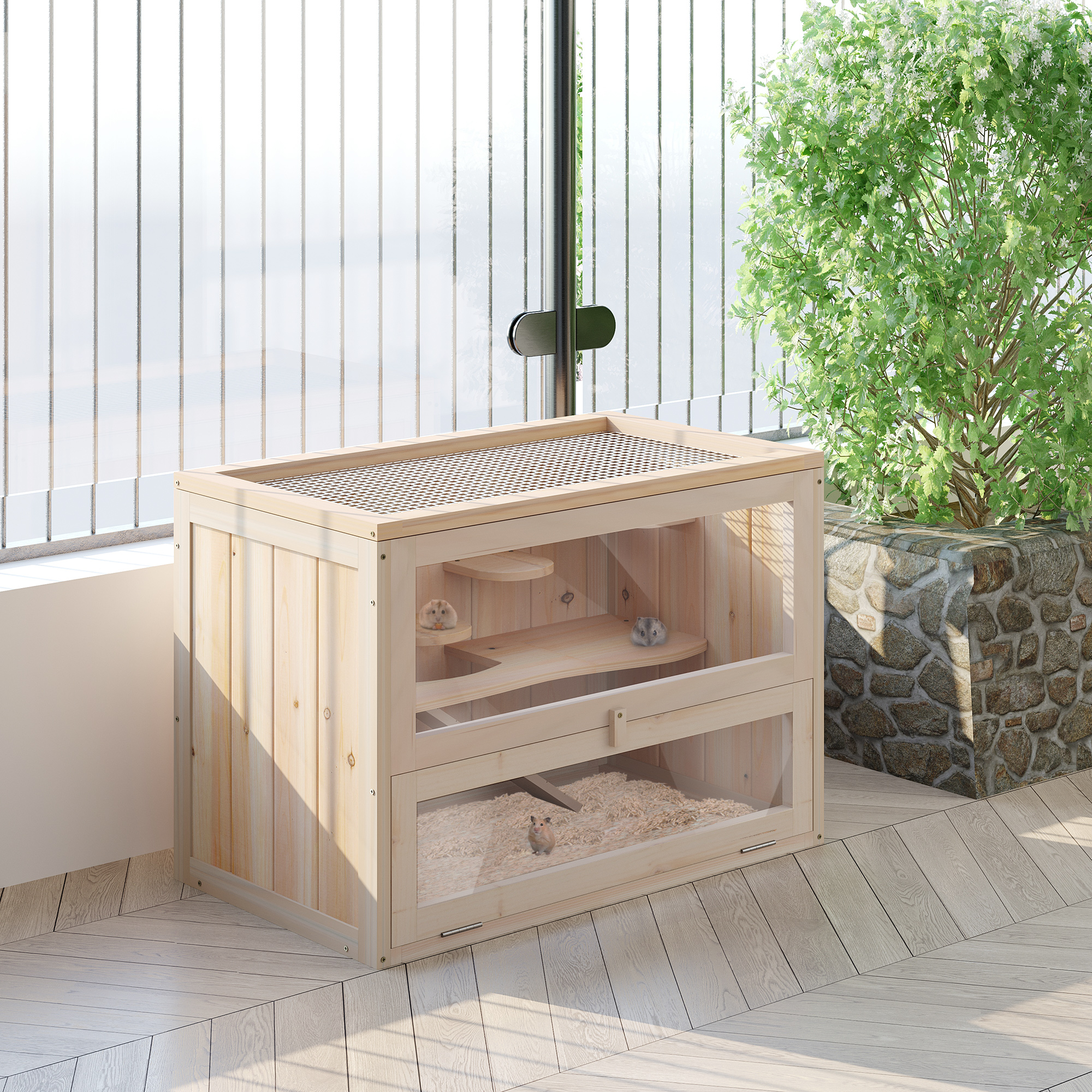 PawHut Kleintierkäfig Nagerkäfig Holz 60 x 35 x 42 cm