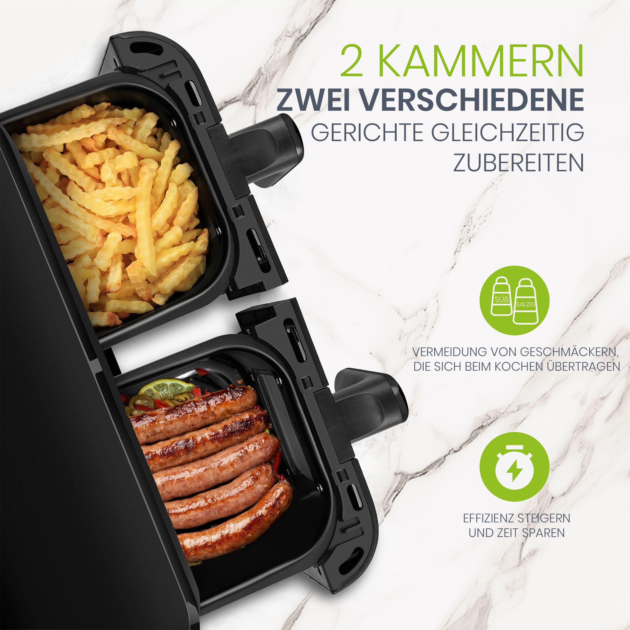 Heißluftfritteuse 10 L Dual-Zonen Airfryer mit 2400 W – Touch-LED & 8 Kochprogramme
