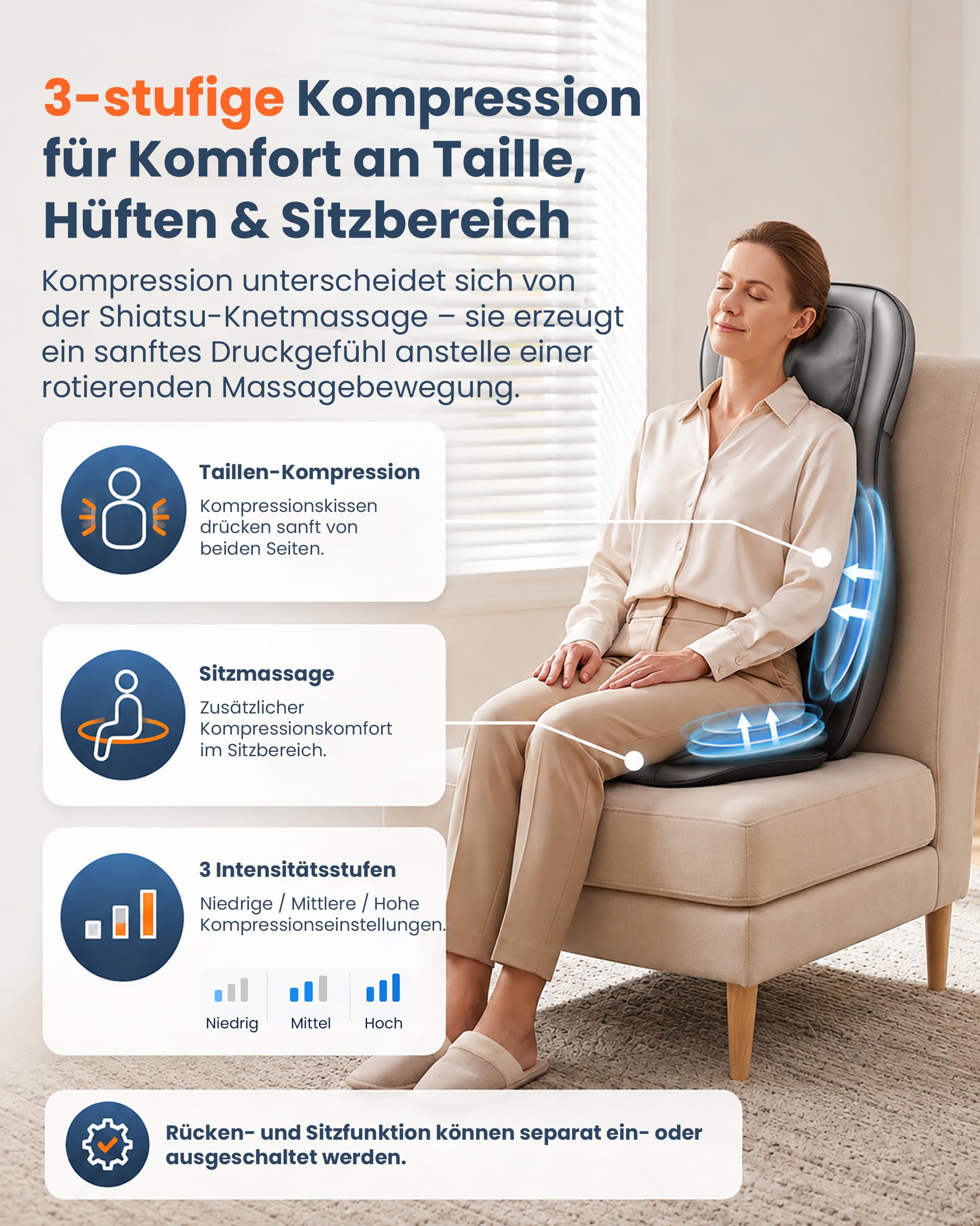 Massagesitzauflage mit Shiatsu, Wärme und Luftdruckmassage, höhenverstellbare Nackenmassage, 3 Zonen