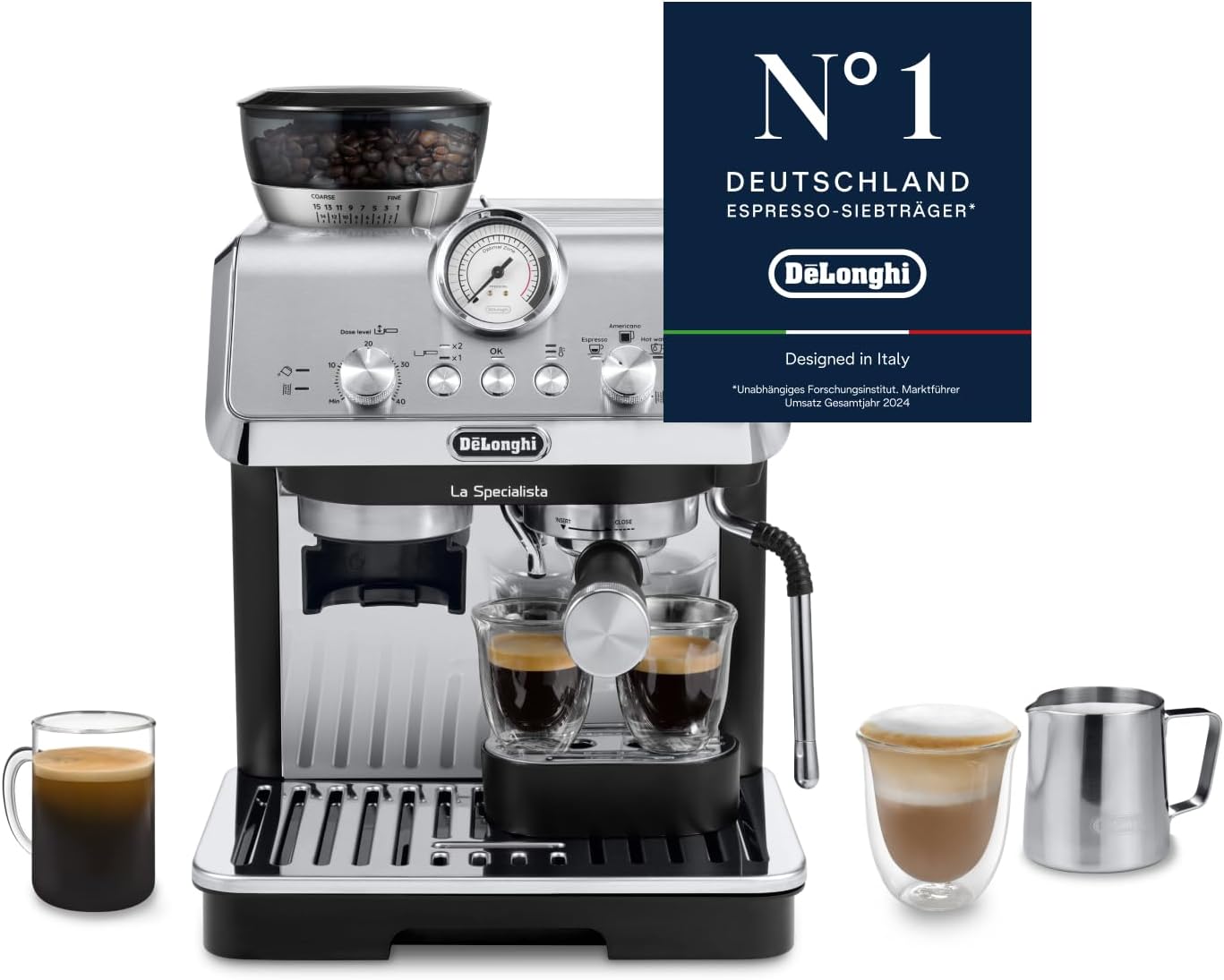 De'Longhi Siebträgermaschine La Specialista Arte EC9155.MB, Espressomaschine mit Mahlwerk, 8 Mahlgrade, 15 Bar, 3 Temperaturen, Milchschaumdüse, 1550W, 1,7L Tank, Edelstahl/Schwarz inkl. Barista-Kit