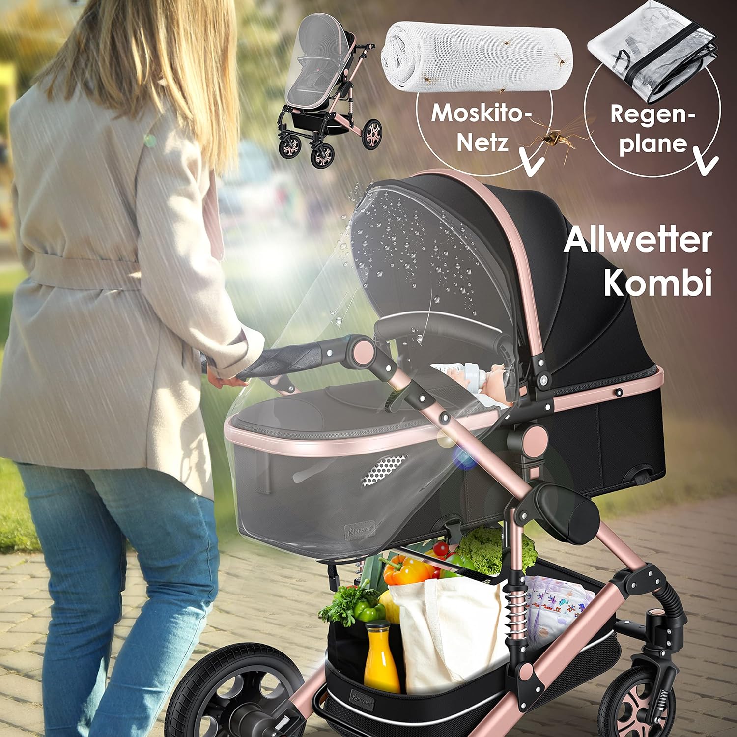 KESSER® Loops 3 in 1 Kinderwagen Kombikinderwagen Komplett-Set inkl. Babywanne & Buggy Sportsitz & Auto-Babyschale Voll-Gummireifen Wickeltasche Regenschutz Kindertisch ECE R129, Schwarz/Schwarz