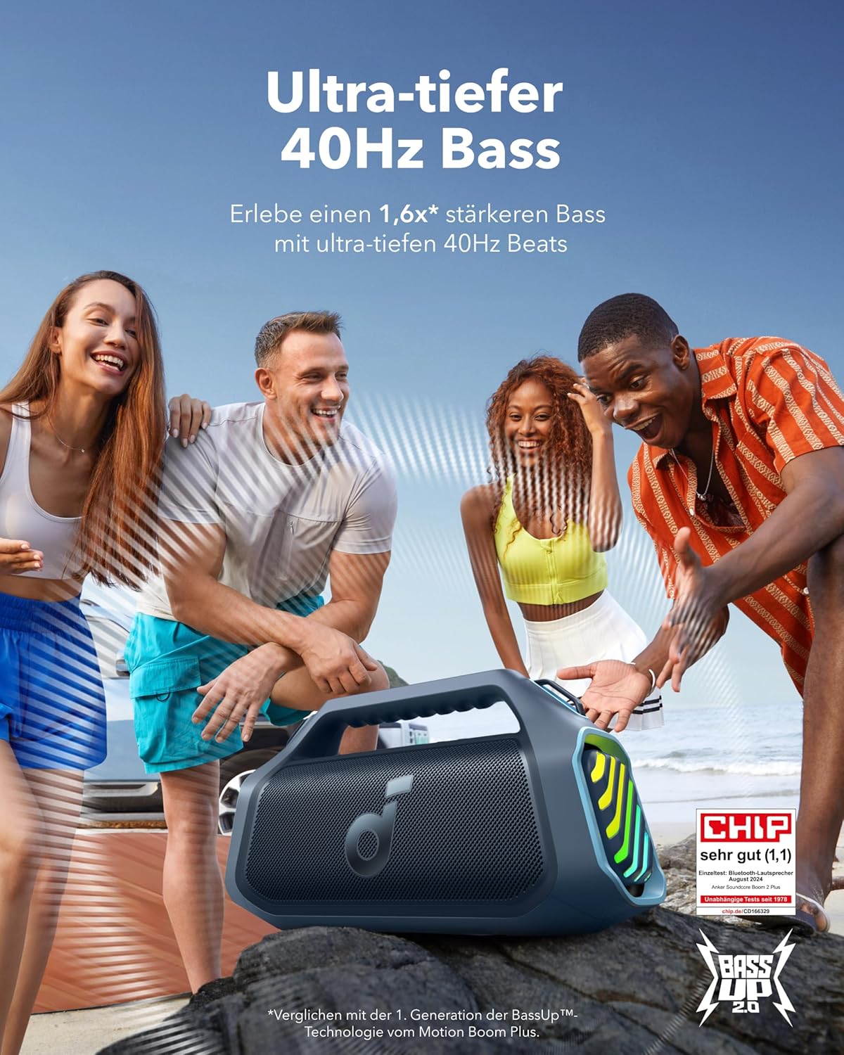 soundcore Boom 2 Plus Outdoor Lautsprecher, 140W, 2+2 Channel, BassUp 2.0, 20h, Schnellladung, IPX7 wasserdicht, RGB Lichter, USB-C, Power Bank, BT 5.3, tragbarer Bluetooth Lautsprecher, Camping