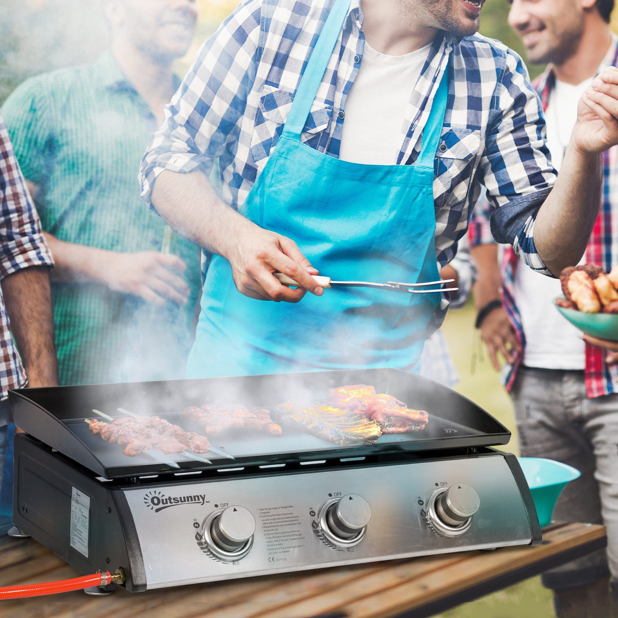 Outsunny Gasgrill aus Edelstahl mit 3 Brennern 9 kW Antihaft-Beschichtung große Grillfläche 61 x 35,5 cm