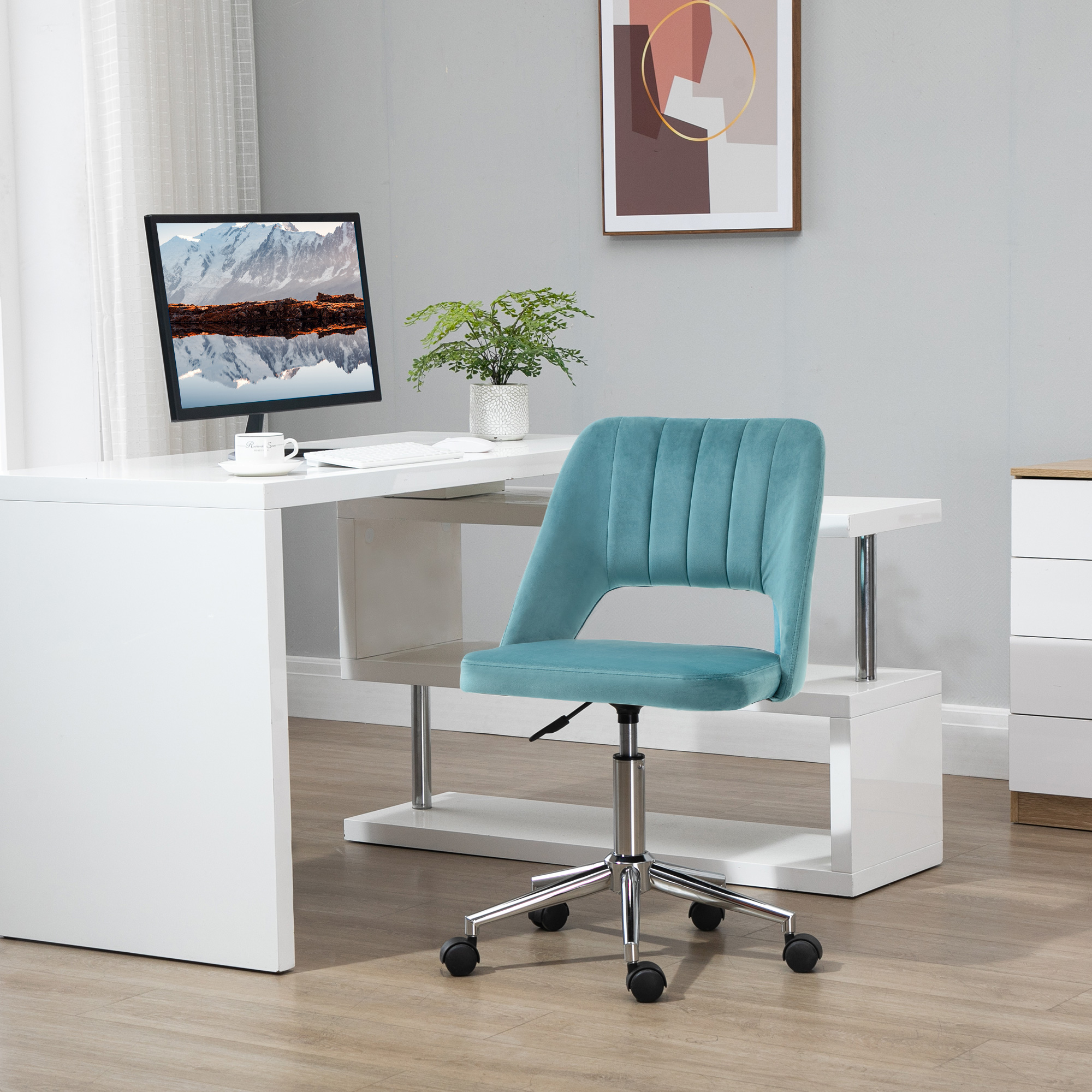 Vinsetto Bürostuhl im zeitgenössischen Design 360° drehbarer ergonomischer Bürostuhl mit geriffeltem atmungsaktivem Rücken, höhenverstellbarer Samtbezug 49 x 60 x 91 cm in Blau