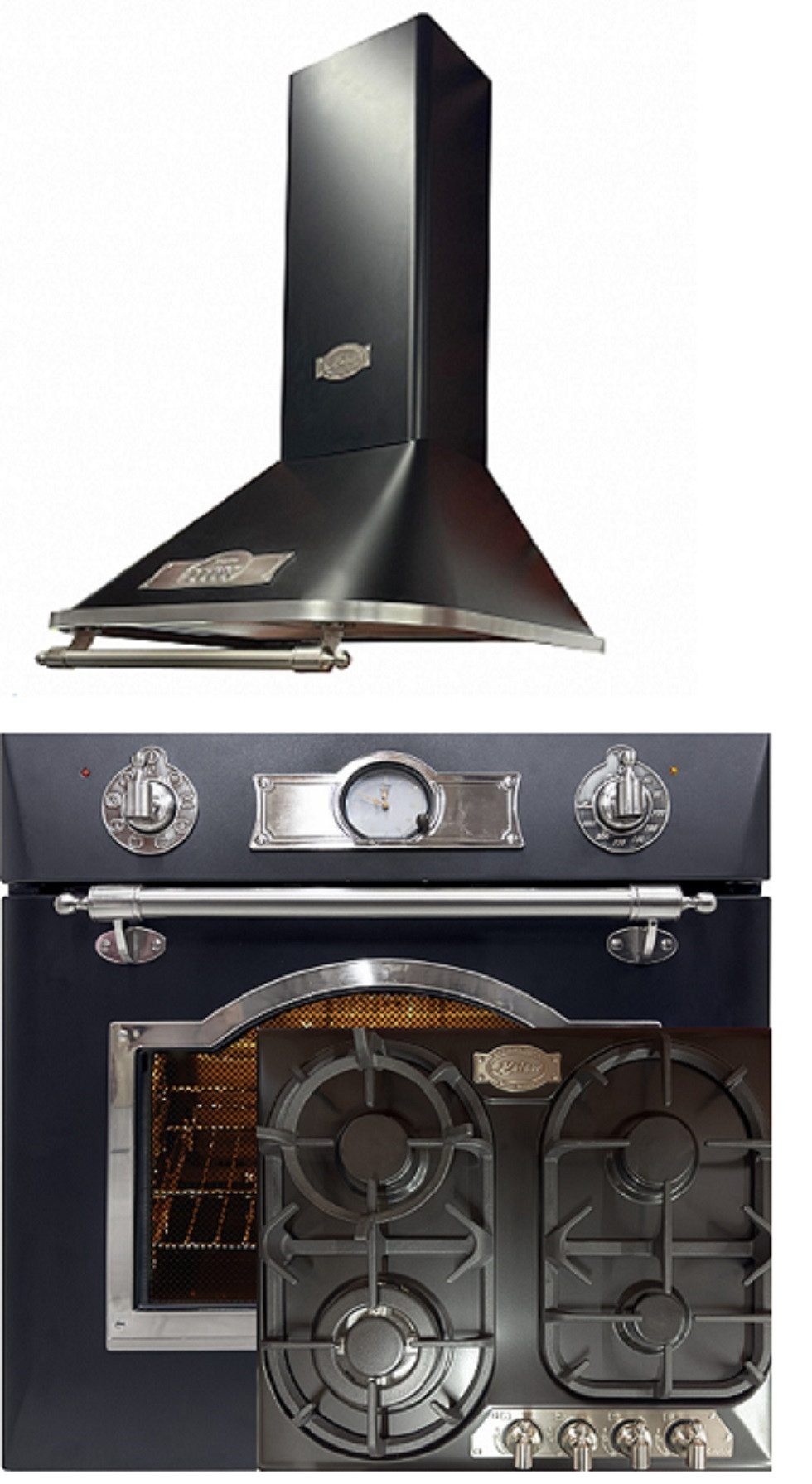 Backofen-Set Herd Set Autark Elektro Backofen, Selbstreinigung, Drehspieß, 8 Funktionen mit Gaskochfeld, 4 flammig, 60 cm mit Dunstabzugshaube 60 cm Silber, 910 m³/h EH 6355 Em Sil+KG 6325 Em Sil Turbo+A 6315 Em Sil Eco.