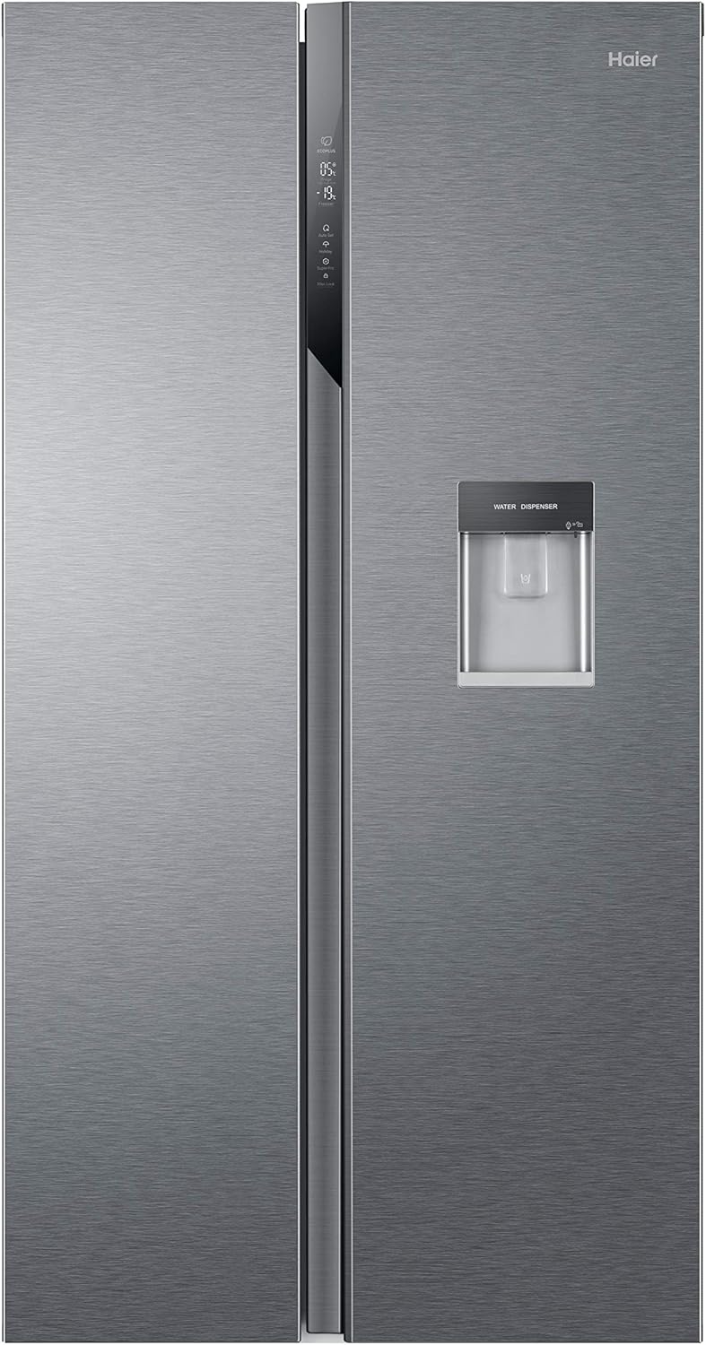Haier SBS 90 Serie 3, Frigorifero Side by Side, 2 Porte, 521 Litri, No Frost, Water Dispenser e Sistema Multi Air Flow, Libera Installazione, Classe E, 90,8 x 64,7 x 177,5 cm, Alluminio - HSR3918EWPG