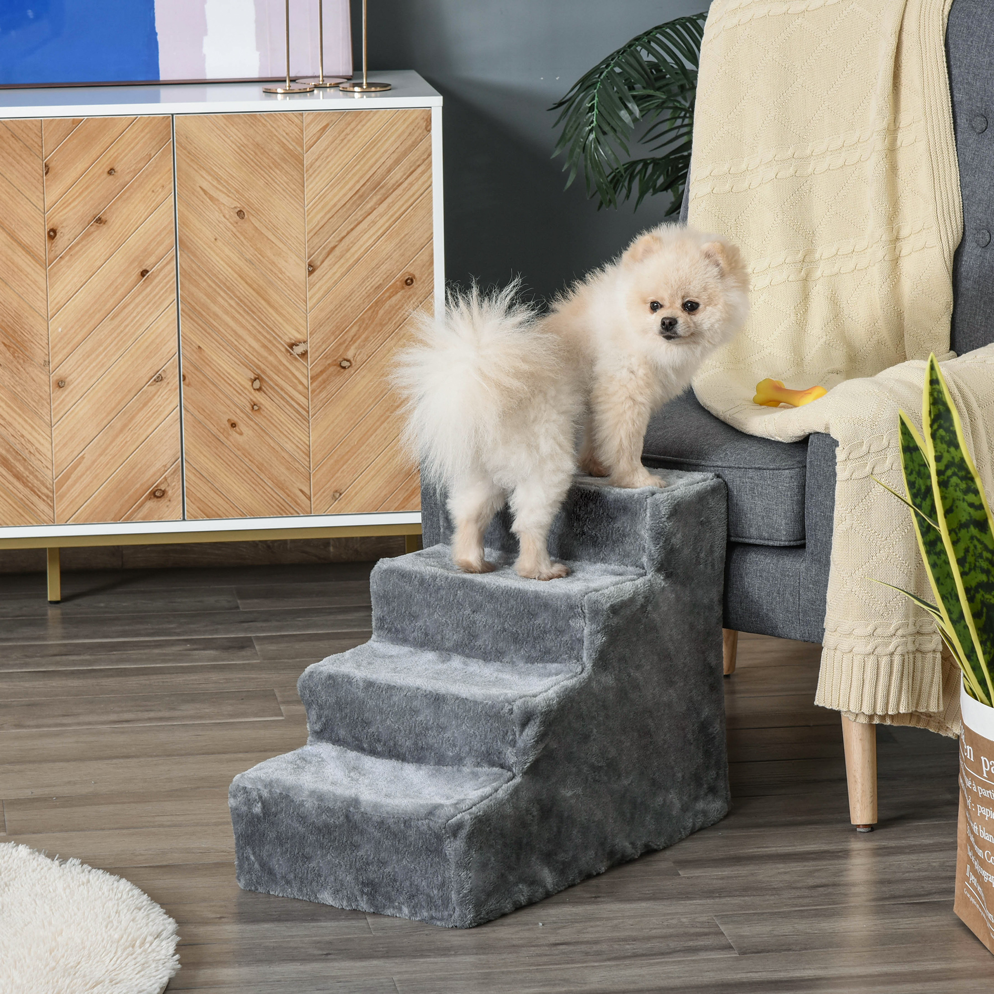 PawHut Hundetreppe 4-stufig, 35 cm Katzentreppe für Bett und Sofa, Haustiertreppe für Hunde und Katzen bis 5 kg, Plüschoptik, Hellgrau