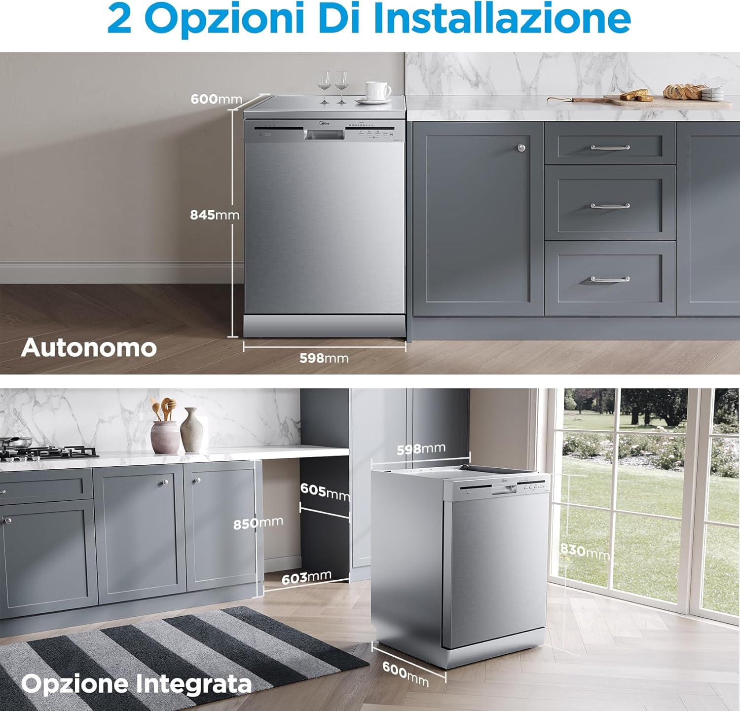 Midea MFD60S200X.1-IT Dishwasher Freestanding with 14 Places, 8 Programs, LED Display, Delay Start, Half Load Function, Extra Drying - Stainless Steel