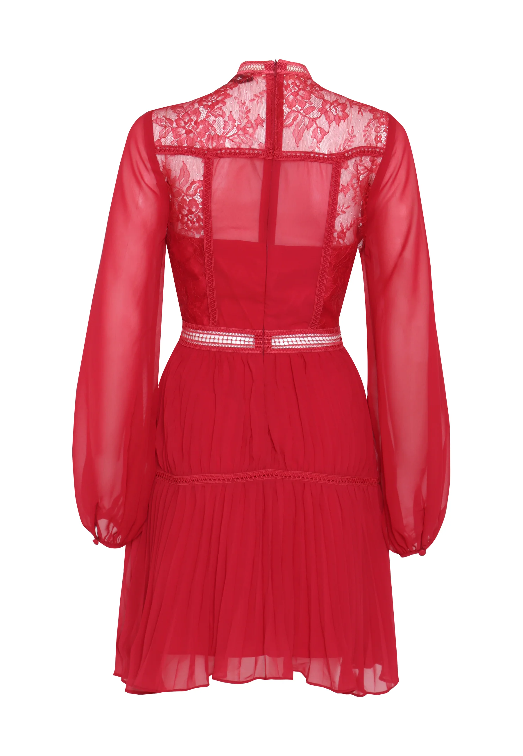 Lena Crimson-Red Lace Pleated Mini Dress