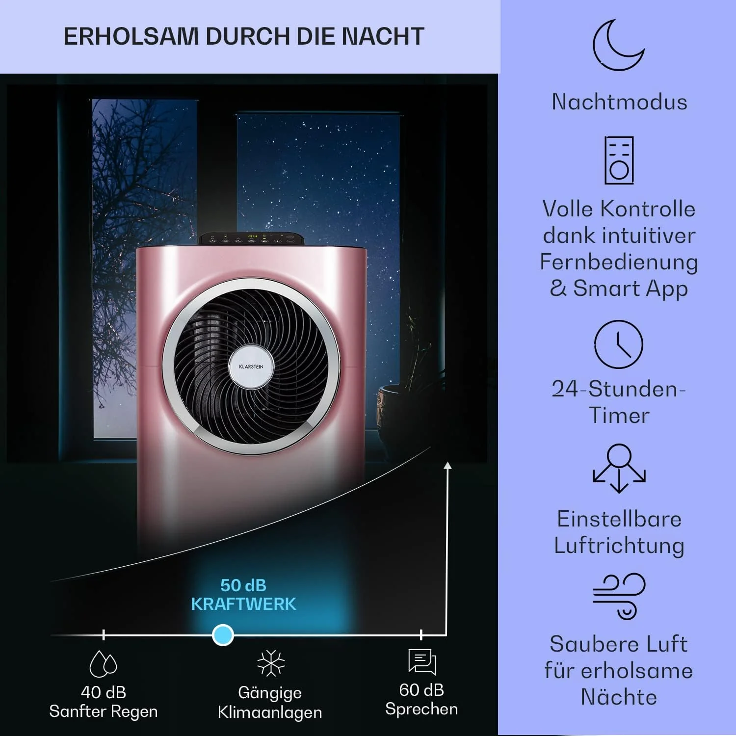 Klarstein Mobile Klimaanlage mit Abluftschlauch, 5-in-1 Klimagerät, Ventilator, Luftentfeuchter, Luftreiniger & Nachtmodus, App-Steuerung, Kleine & Portable, für Wohnung & Büro, 12000 BTU
