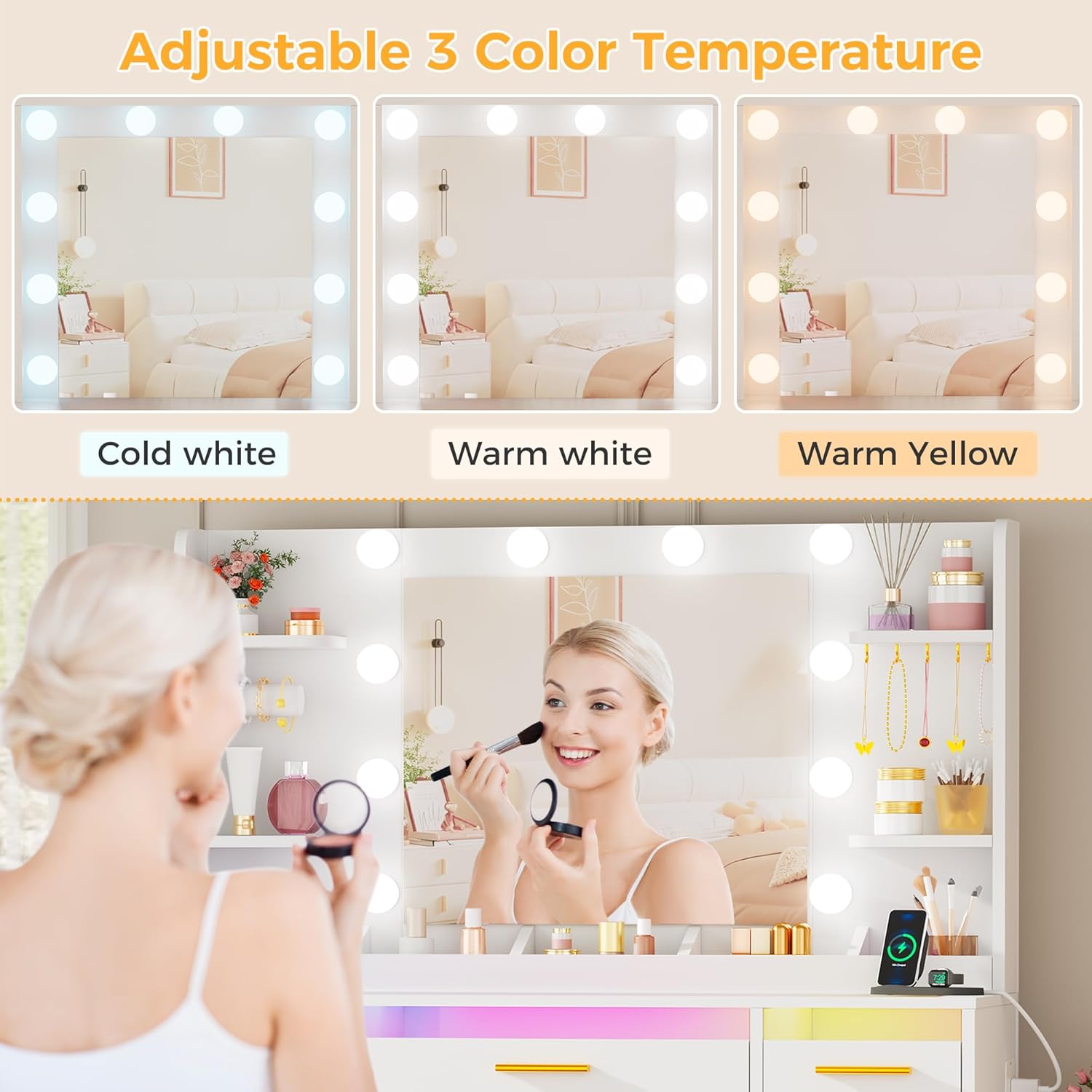 ANWBROAD BDT95W Large Makeup Vanity with Mirror and Adjustable Brightness Lights, Makeup Table with Glass Top, Makeup Desk with Sockets 9 RGB Drawers and 9 Open Shelves Modern White