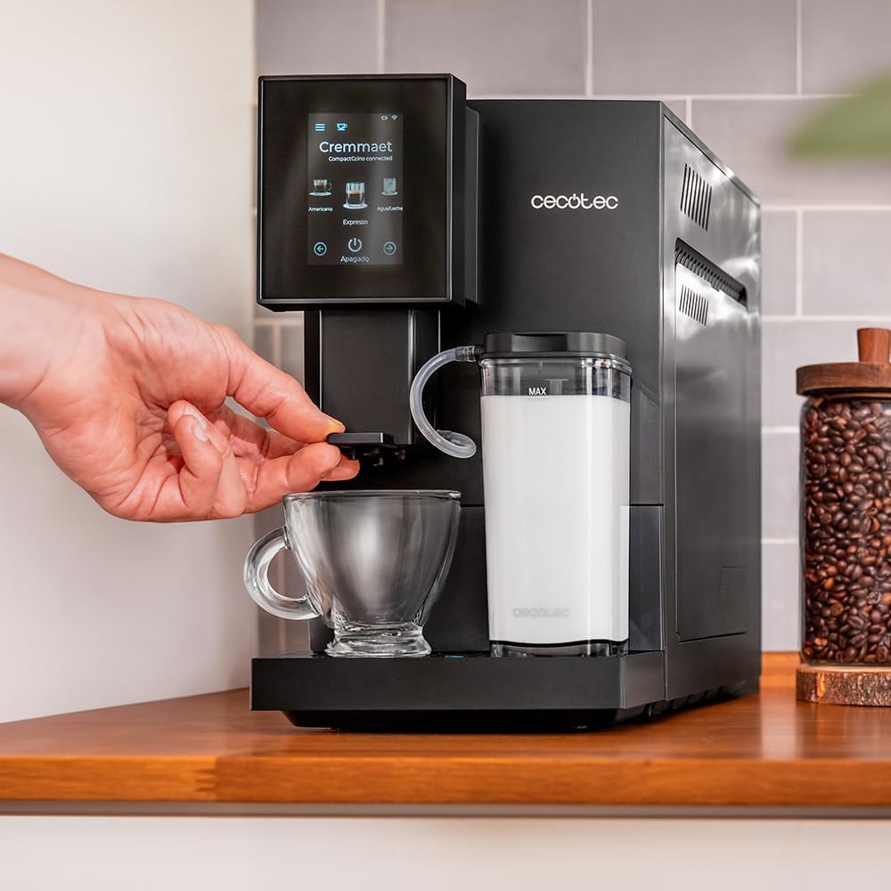 Cecotec Kompakte Superautomatische Kaffeemaschine mit Wifi Cremmaet Compactccino Connected Black Rose. 1350W, 19 Bar, TFT-Bildschirm und APP, Mahlwerk, Milchtank 400 ml und 1 Liter Wasser