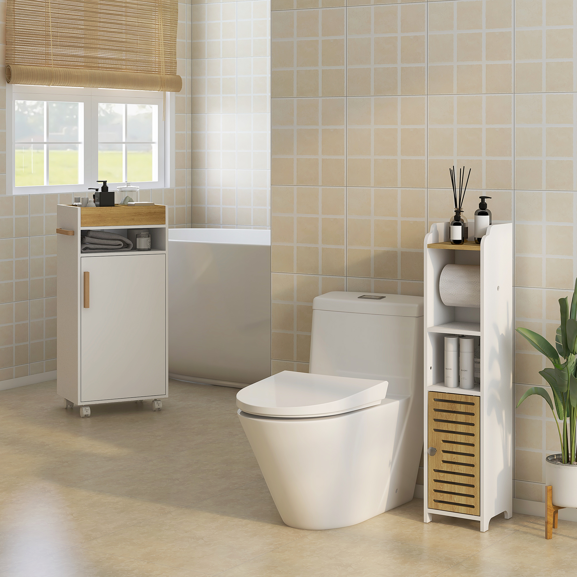 kleankin Badezimmerregal aus Spanplatte mit Regalen und unterem Schrank, 18x20x90 cm, Weiß