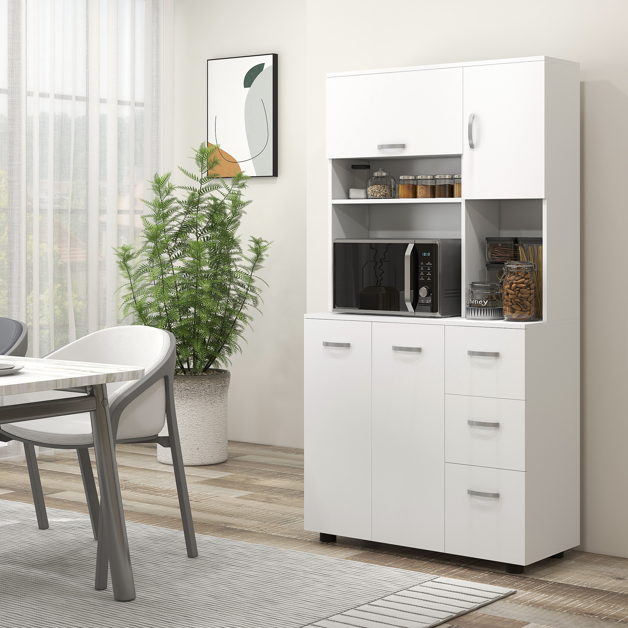 HOMCOM Küchenschrank mit mehreren Aufbewahrungsmöglichkeiten 4 Türen 3 Schubladen Regal + Große Arbeitsplatte 89L x 39,5B x 168H cm Weiß