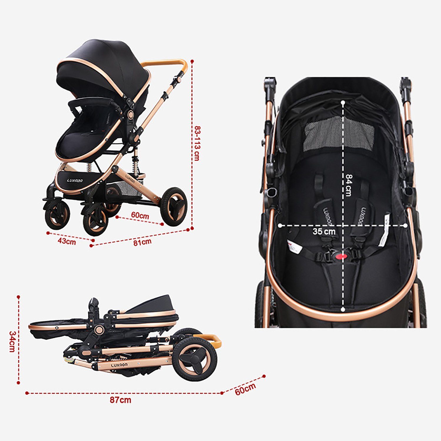 Kombi-Kinderwagen Baby Buggy Babyschale Babywanne 5-Punkt-Sicherheitsgurt Getränkehalter