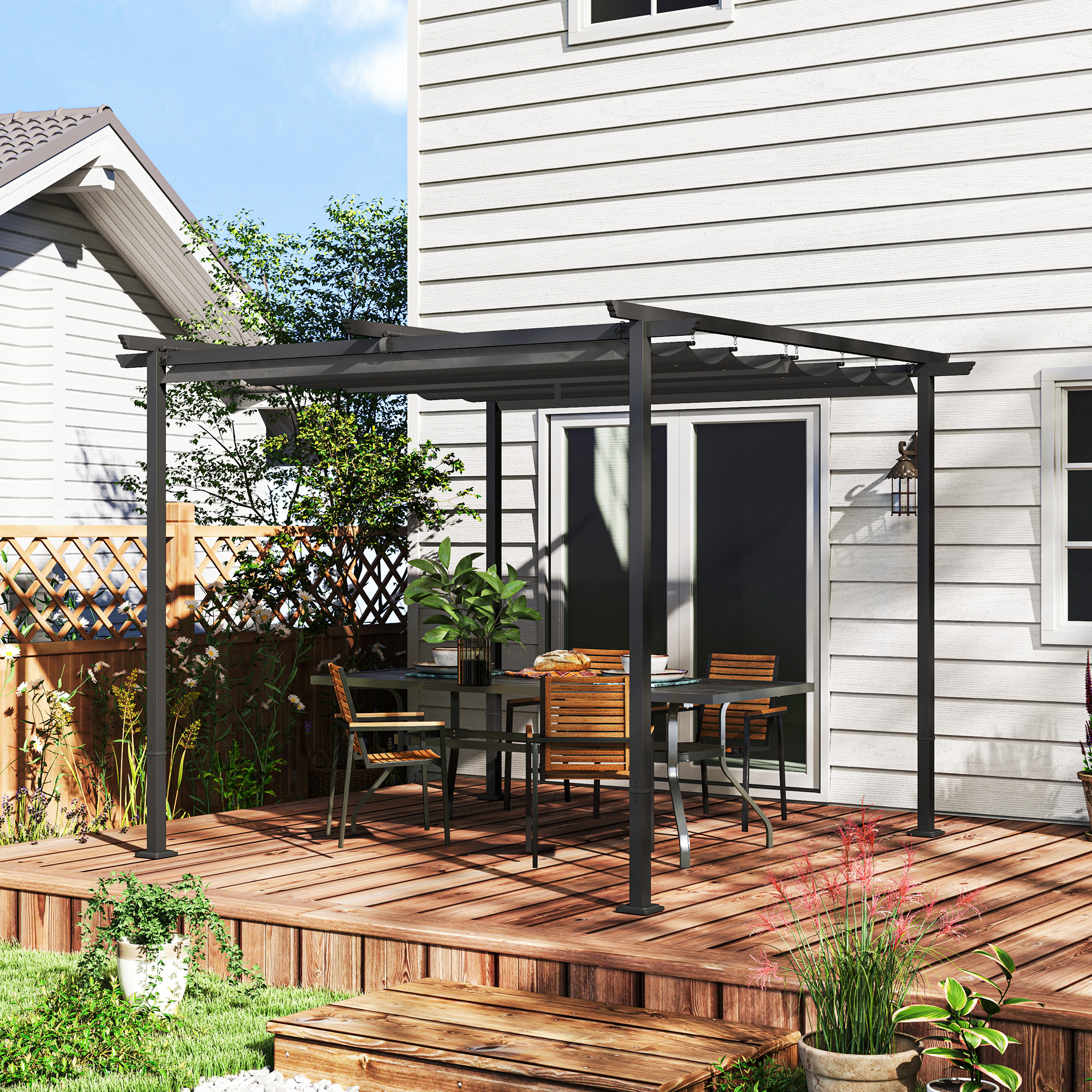 Outsunny 3 x 3 m Garten-Pergola mit verstellbarem Dach, Metallrahmen, UPF30+ Schutz, Sonnendach für Veranda, Terrasse, Dunkelgrau